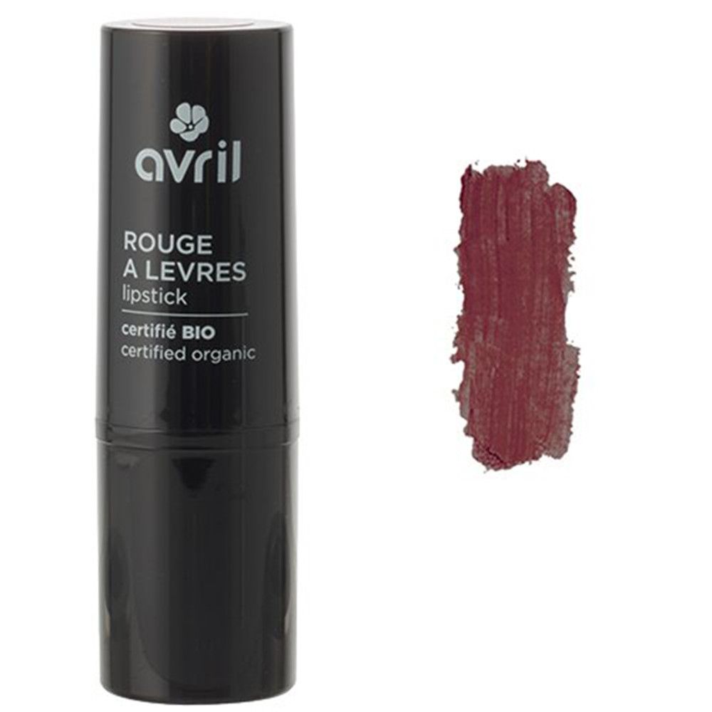 Schwarzer Lippenstift-Behälter mit "Avril"-Logo und Text. Daneben ein Farbmuster in dunklem Rot. "Rouge à Lèvres" und "certifié BIO" sind sichtbar.