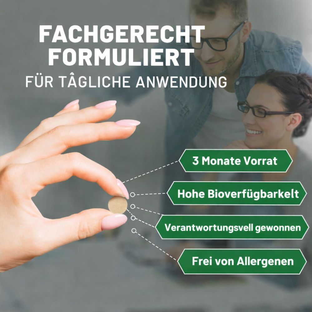 Nahaufnahme einer Hand, die eine Tablette hält. Im Hintergrund: Text über Vorteile und ein Paar. Grün-weiße Beschriftung.