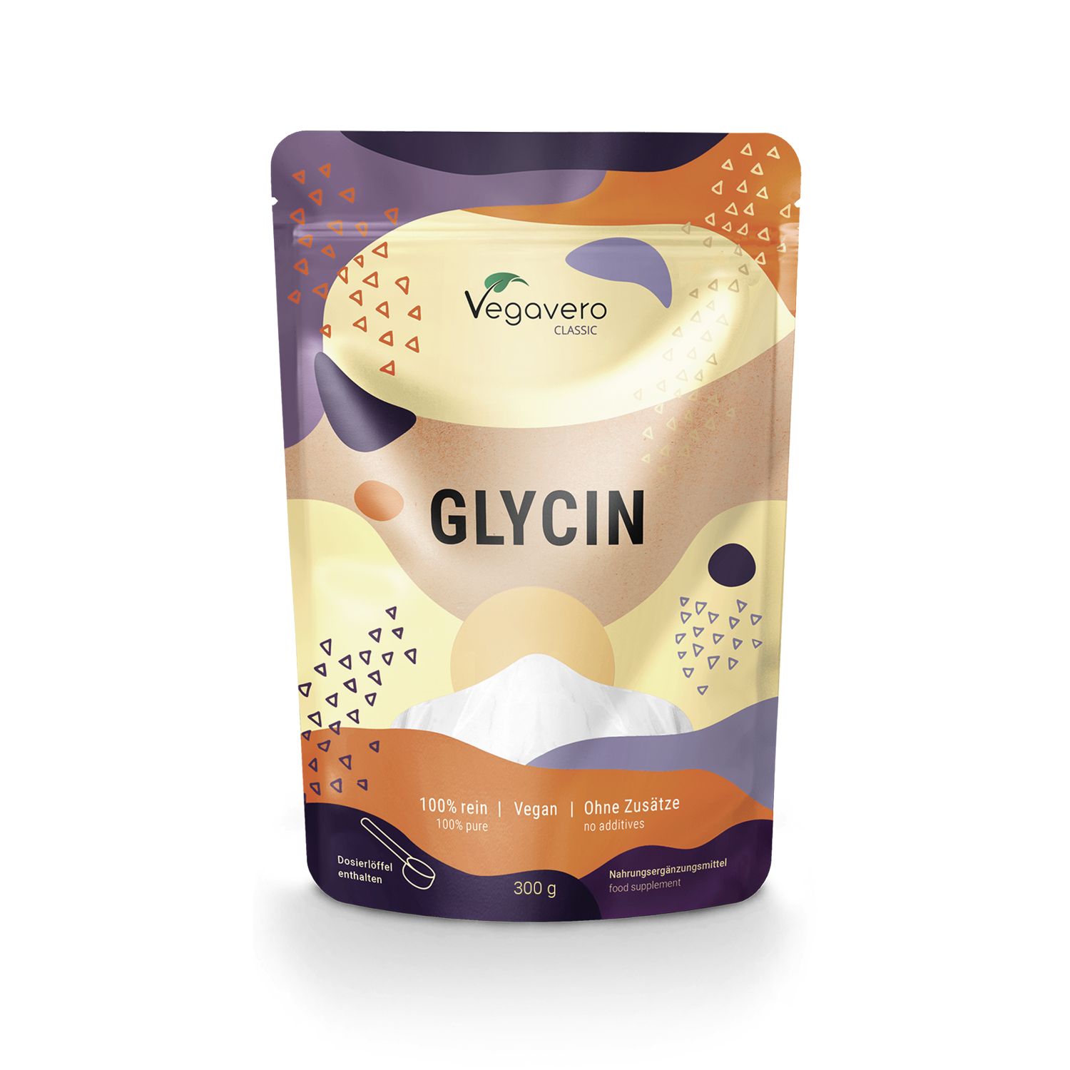 Beutel mit Glycin-Pulver. Aufschrift: Vegavaro, Glycin, 100% rein, vegan, ohne Zusätze. Enthält Messlöffel, 300g.