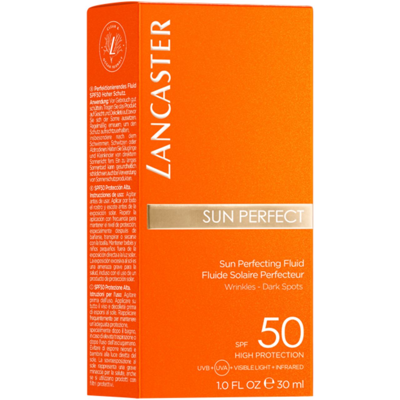 Orangefarbene Schachtel mit "LANCASTER SUN PERFECT" und "50 SPF" Aufdruck. Text in mehreren Sprachen.