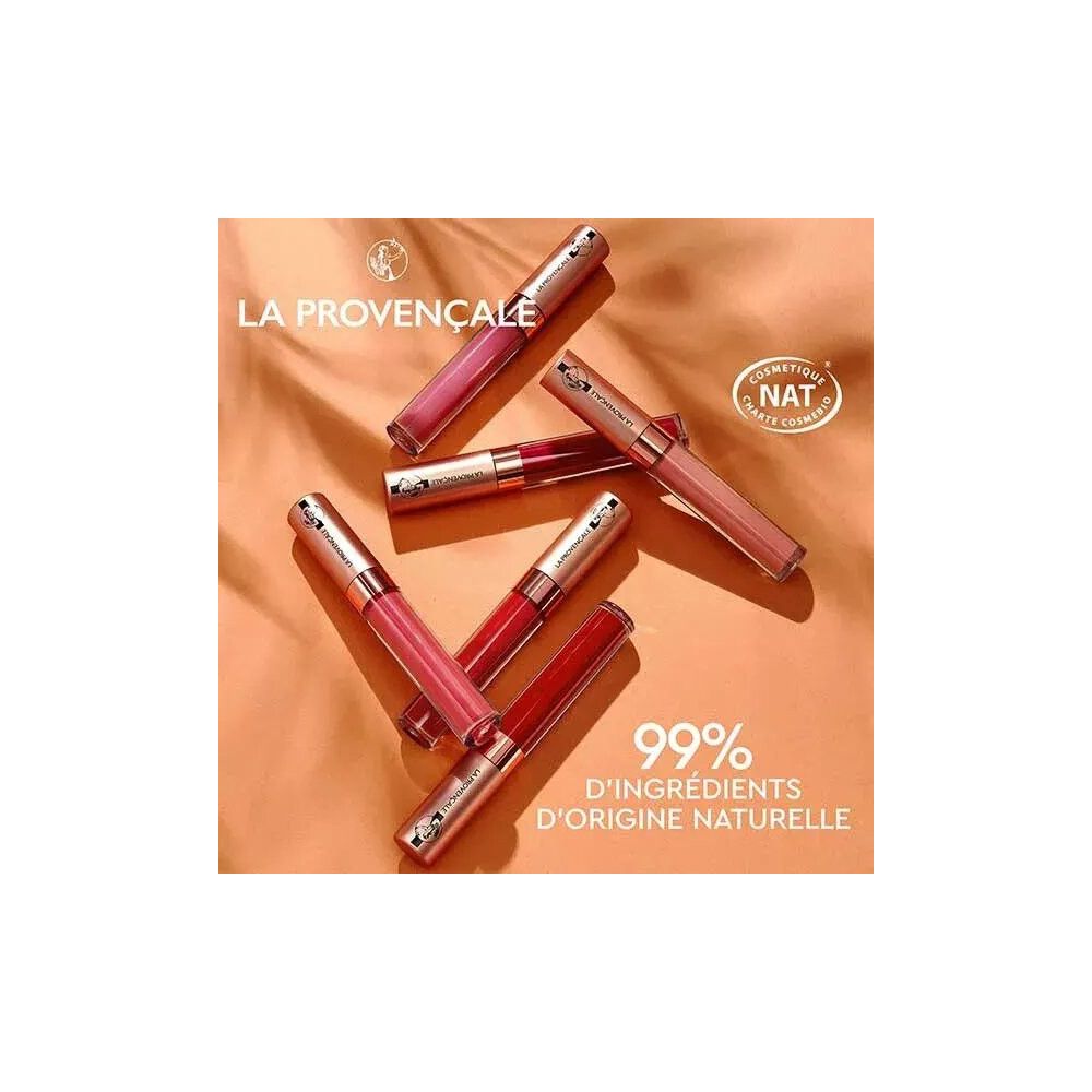 Mehrere flüssige Lippenstifte La Provençale Bio. Verschiedene Farbtöne, goldfarbene Kappen, NAT-Zertifizierung. 99% Inhaltsstoffe natürlichen Ursprungs.