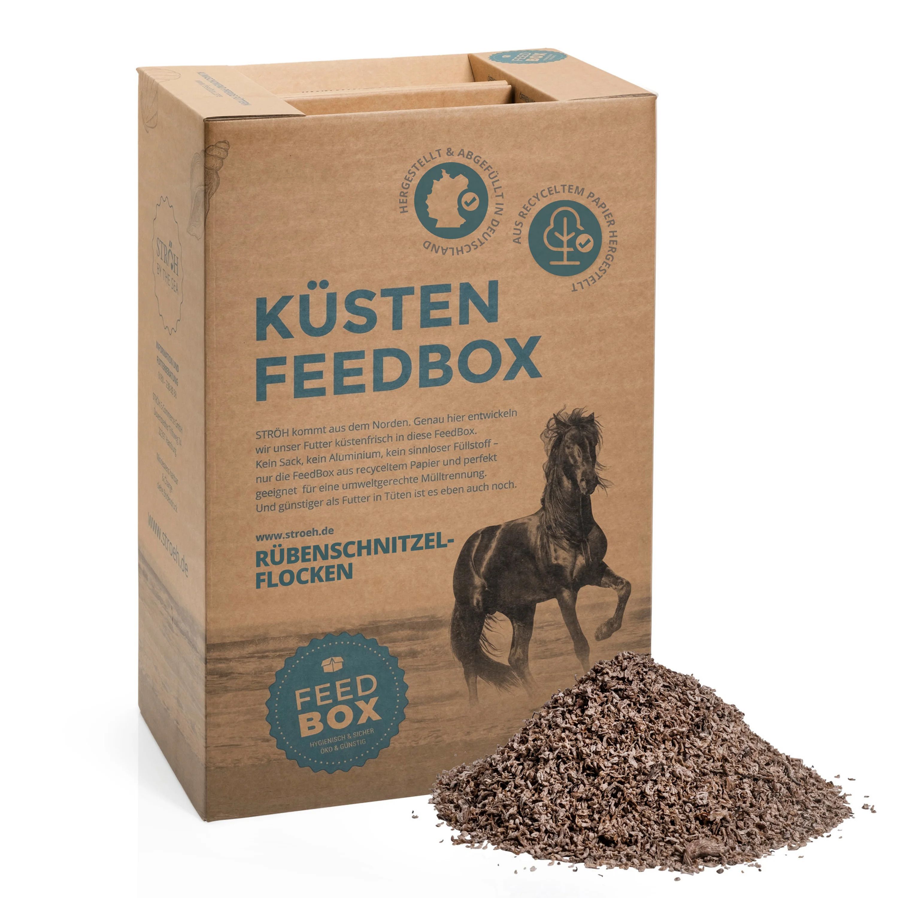 Karton "KÜSTEN FEEDBOX" mit Rübenschnitzelflocken. Brauner Karton mit Text und Pferde-Illustration. Daneben Rübenschnitzelflocken.