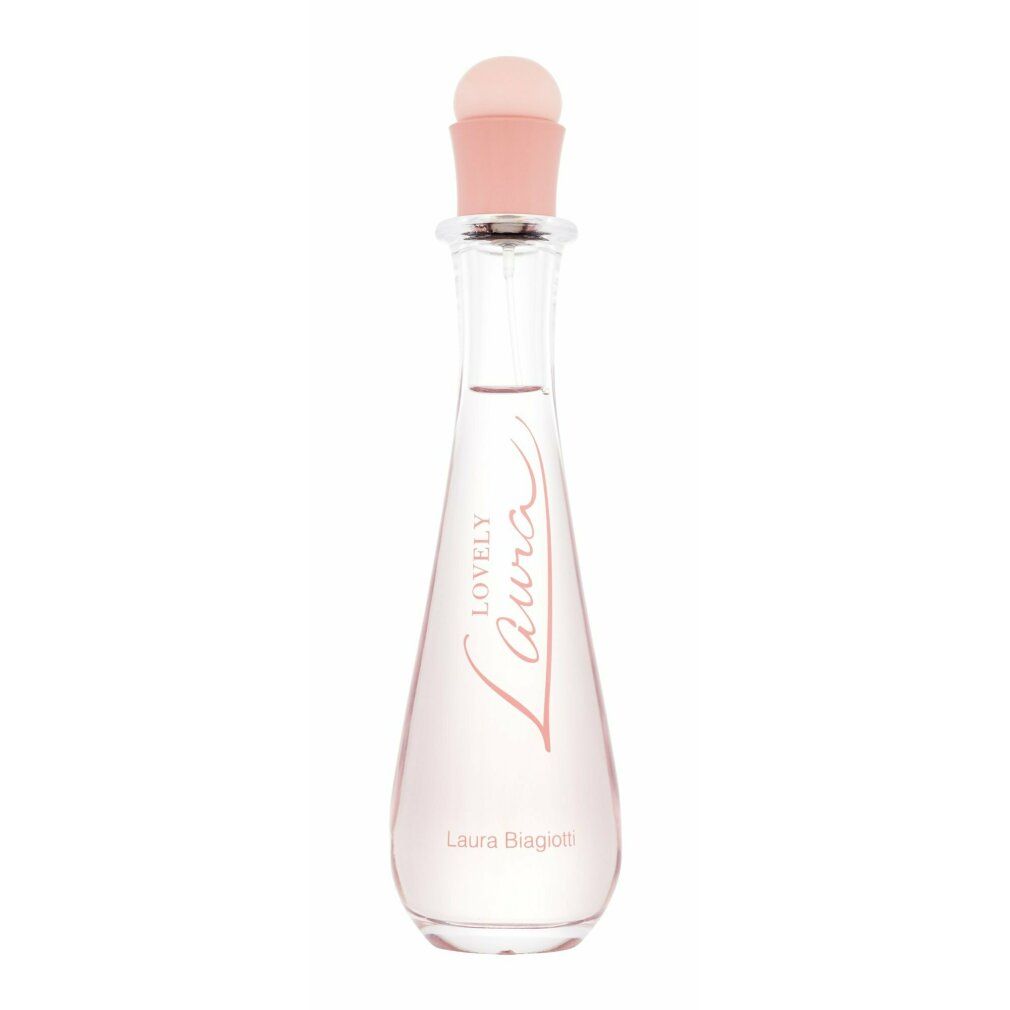 Rosa Eau de Toilette Flasche. Schriftzug Lovely Laura. Laura Biagiotti. Rosa Verschluss.