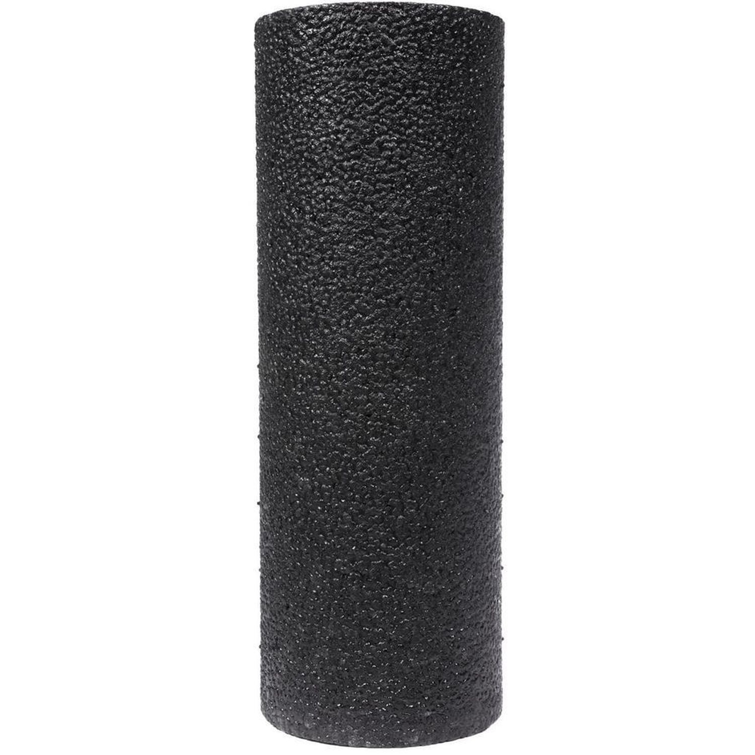 Schwarze Faszienrolle. Zylindrische Form. Die Oberfläche ist strukturiert.