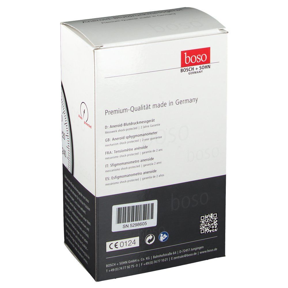Rückseite der Verpackung des boso CLINICUS S. Text: Premium-Qualität made in Germany, CE-Kennzeichnung.