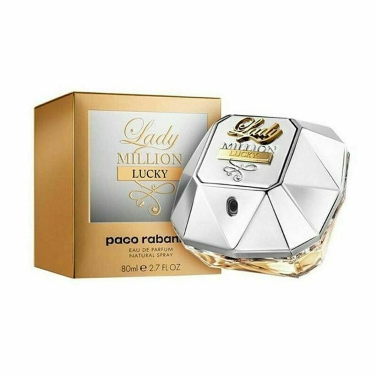 Lady Million Lucky Edp Spray, Flakon und Verpackung. Goldfarbene Verpackung mit Produktnamen. Flakon diamantförmig.
