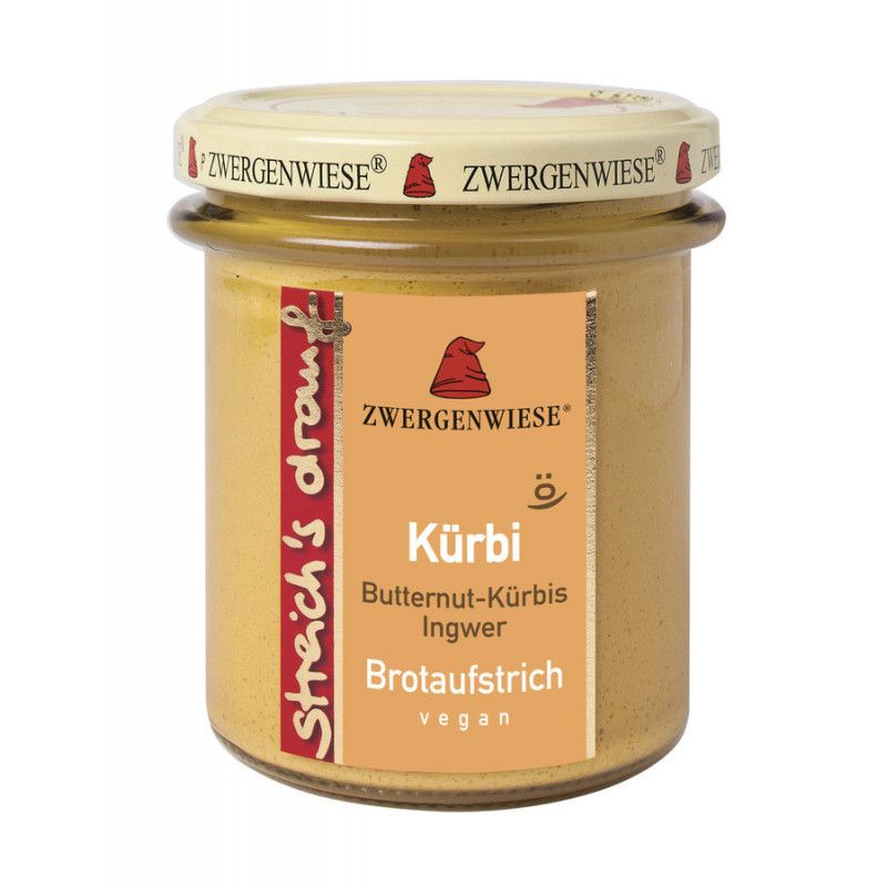 Glas mit Aufstrich. Etikett mit Produktnamen Kürbi, Butternuss-Kürbis, Ingwer, Brotaufstrich, vegan. Deckel mit Logo Zwergenwiese.