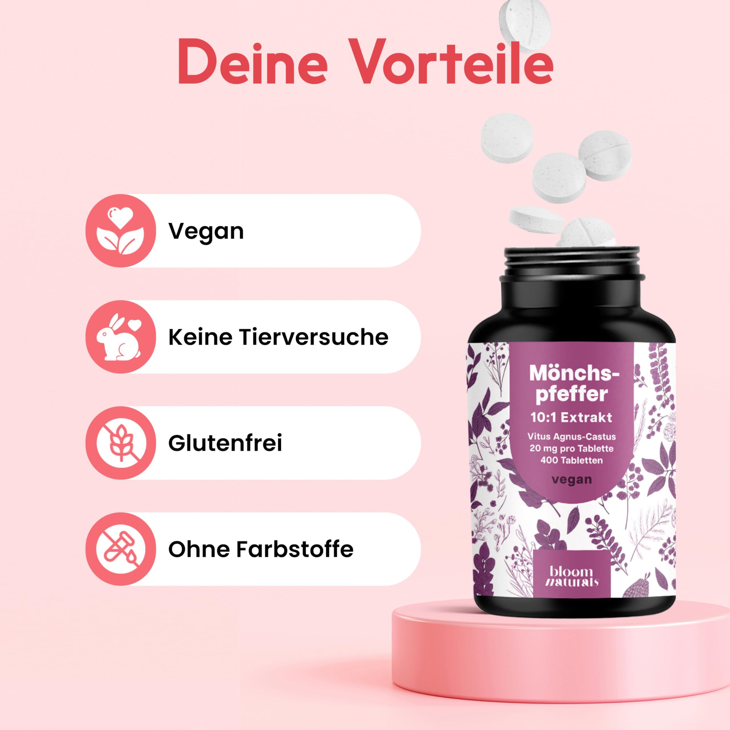 Schwarze Flasche mit Tabletten. Text: Vegan, Keine Tierversuche, Glutenfrei, Ohne Farbstoffe. Aufschrift: Mönchspfeffer.