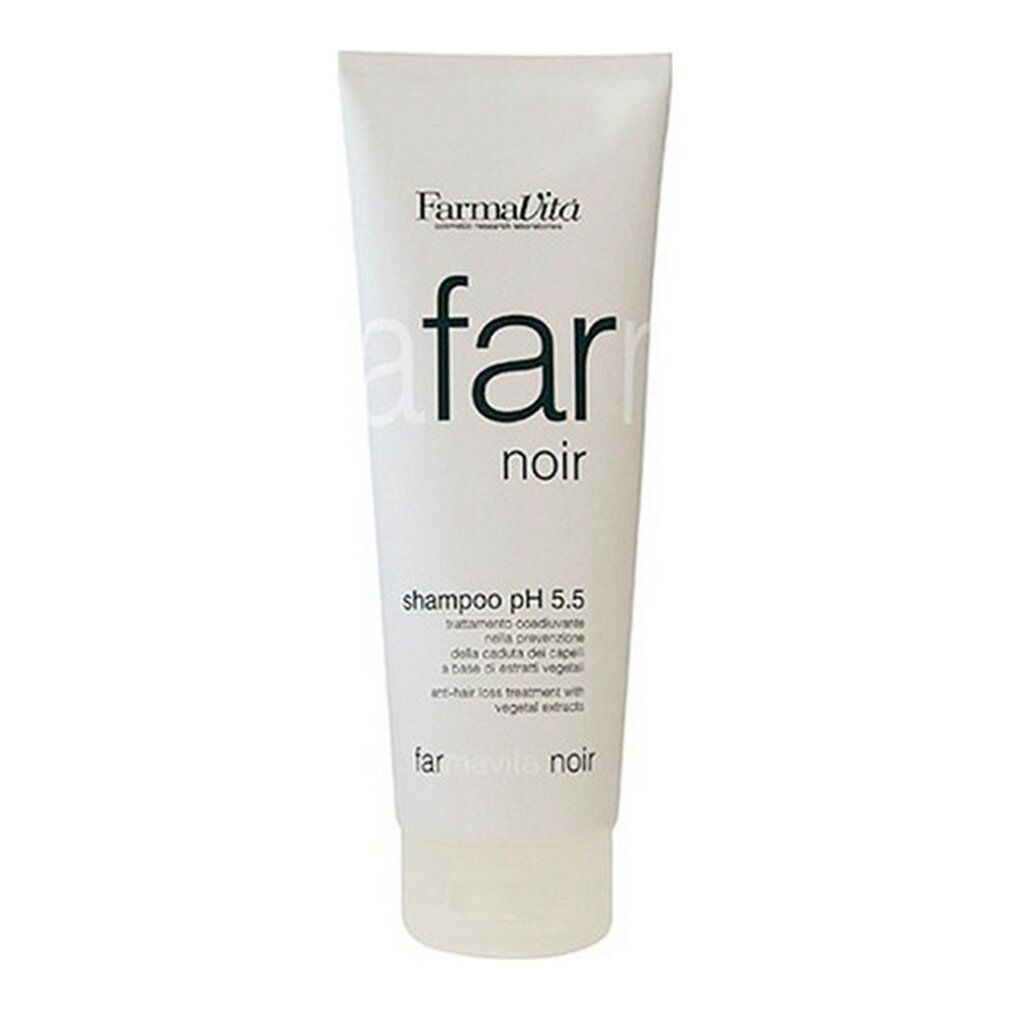 Weiße Tube mit schwarzem Aufdruck. Aufschrift: Far Noir, Shampoo pH 5.5, Farmavita.