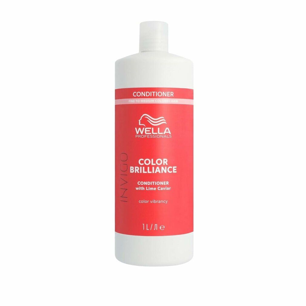 Weiße Flasche mit rotem Etikett. Aufschrift: Wella Color Brilliance Conditioner. 1L.