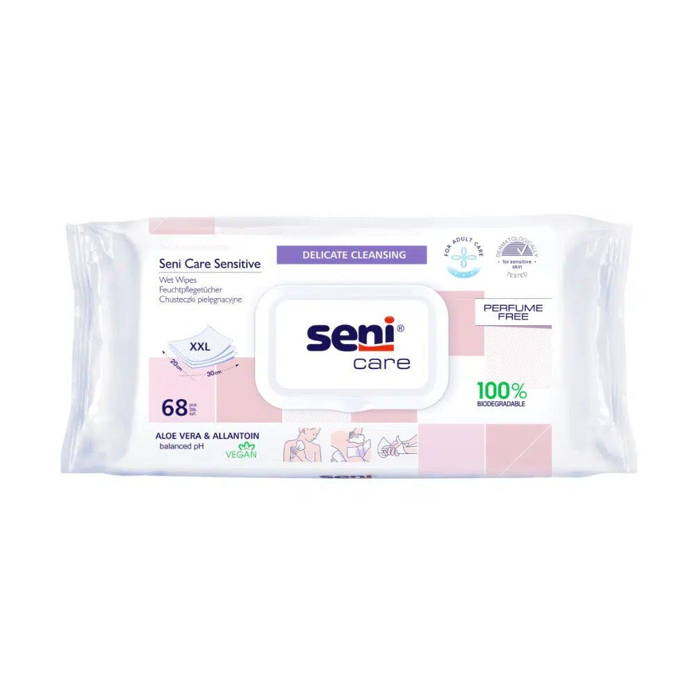 Seni Care Sensitive Feuchttücher, 68 Stück, XXL, parfümfrei, mit Aloe Vera & Allantoin.