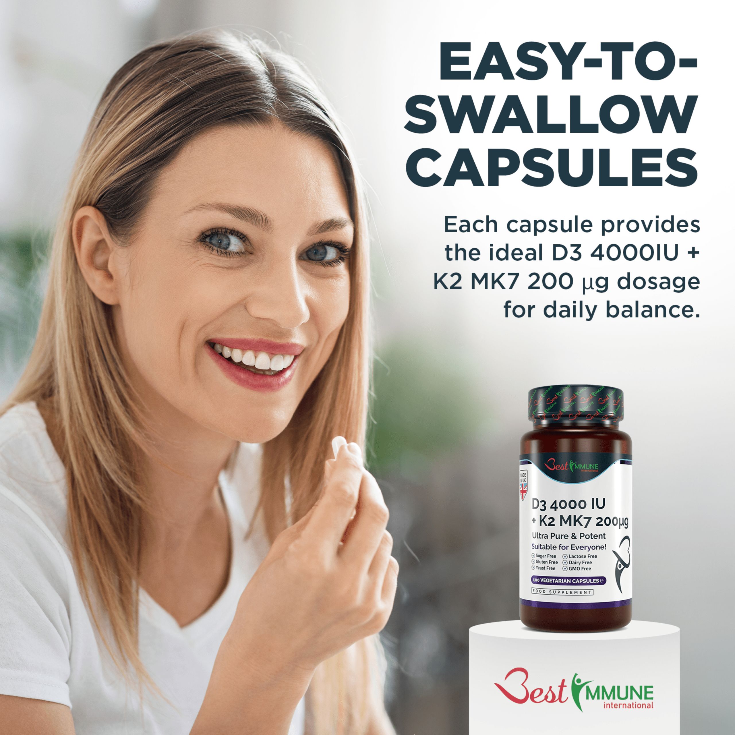 Best Immune Vitamin K2 MK7 200 mcg D3 (Cholecalciferol) 4000 IE