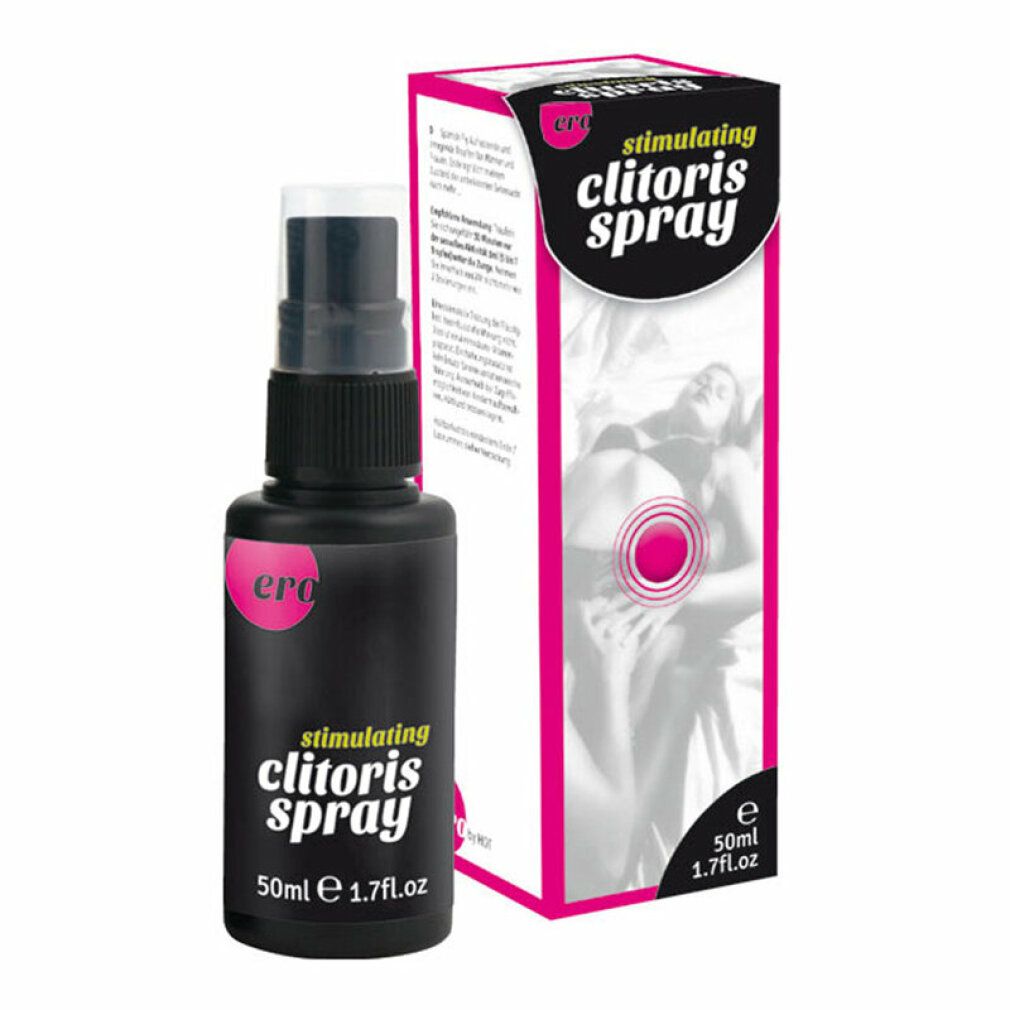 Sprühflasche und Verpackung. Text: stimulating clitoris spray, women, 50ml, 1.7 fl.oz. Rosa Kreis.