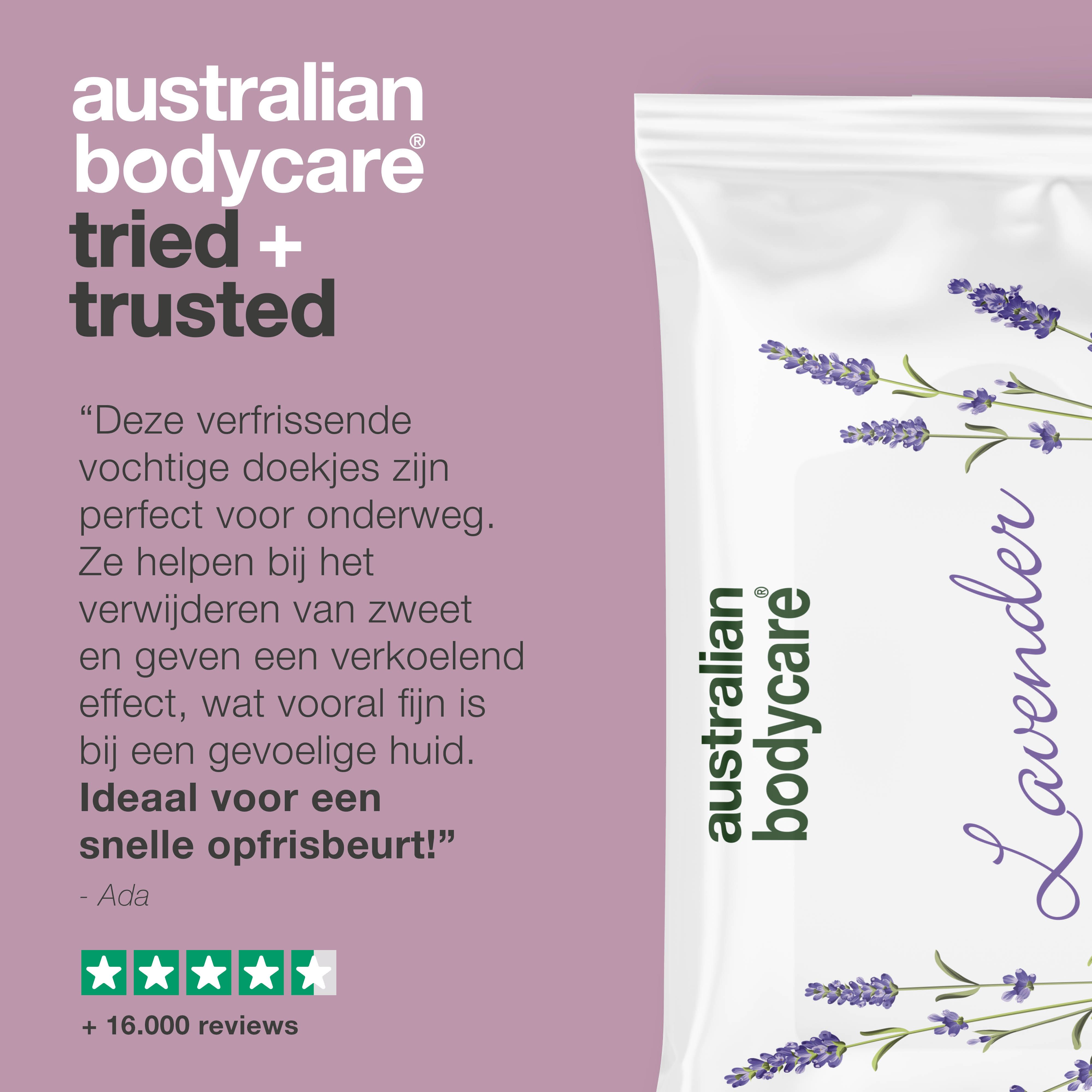 Productverpakking met tekst: "australian bodycare", "Lavender", en tekst met sterren.