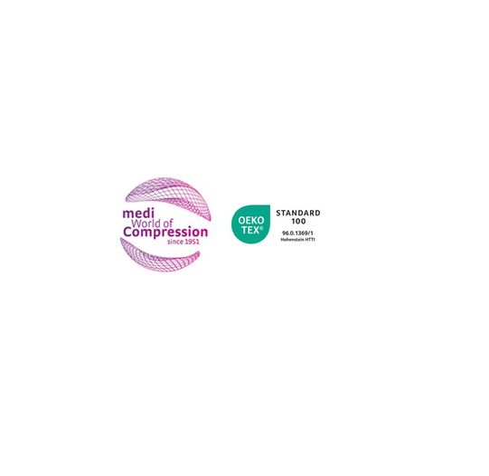 Logo von medi World of Compression. Oeko-Tex Standard 100 Zertifizierung.