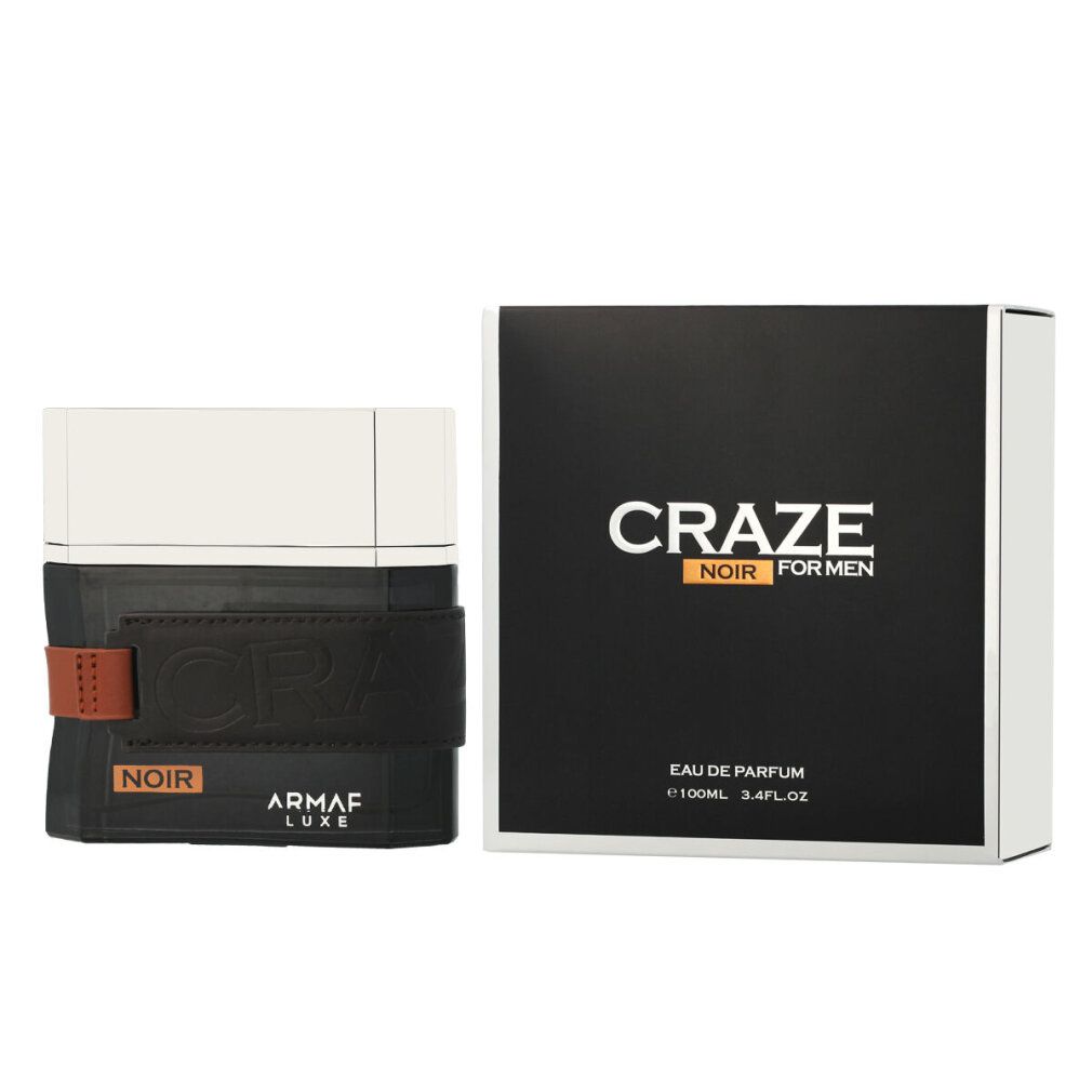 Schwarzer Flakon mit braunem Lederband und schwarzer Verpackung. Aufschrift: Craze Noir For Men, Eau de Parfum, Armaf.