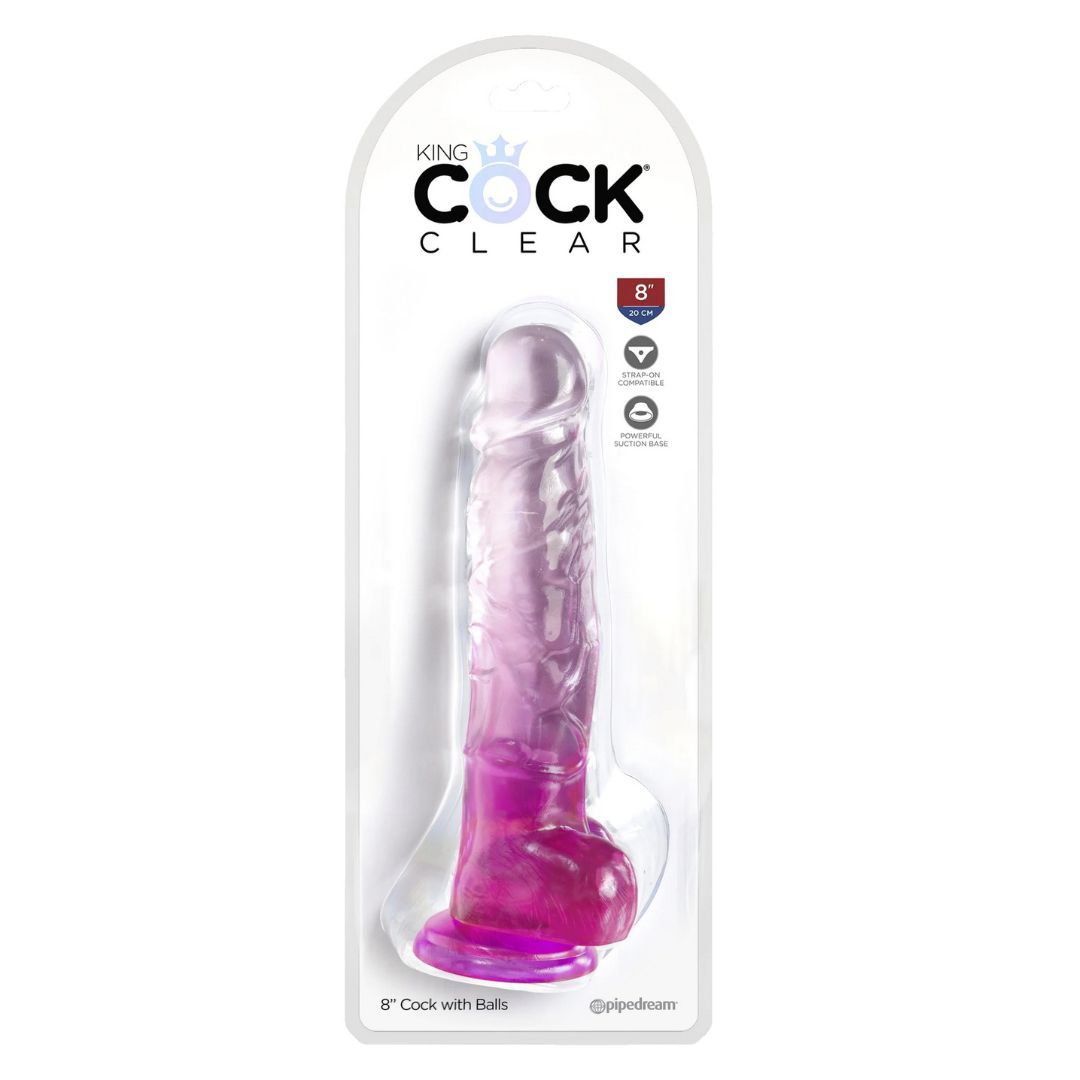 Dildo trasparente in confezione. Sfumatura dal rosa al trasparente. Con ventosa. Scritta: King Cock Clear.