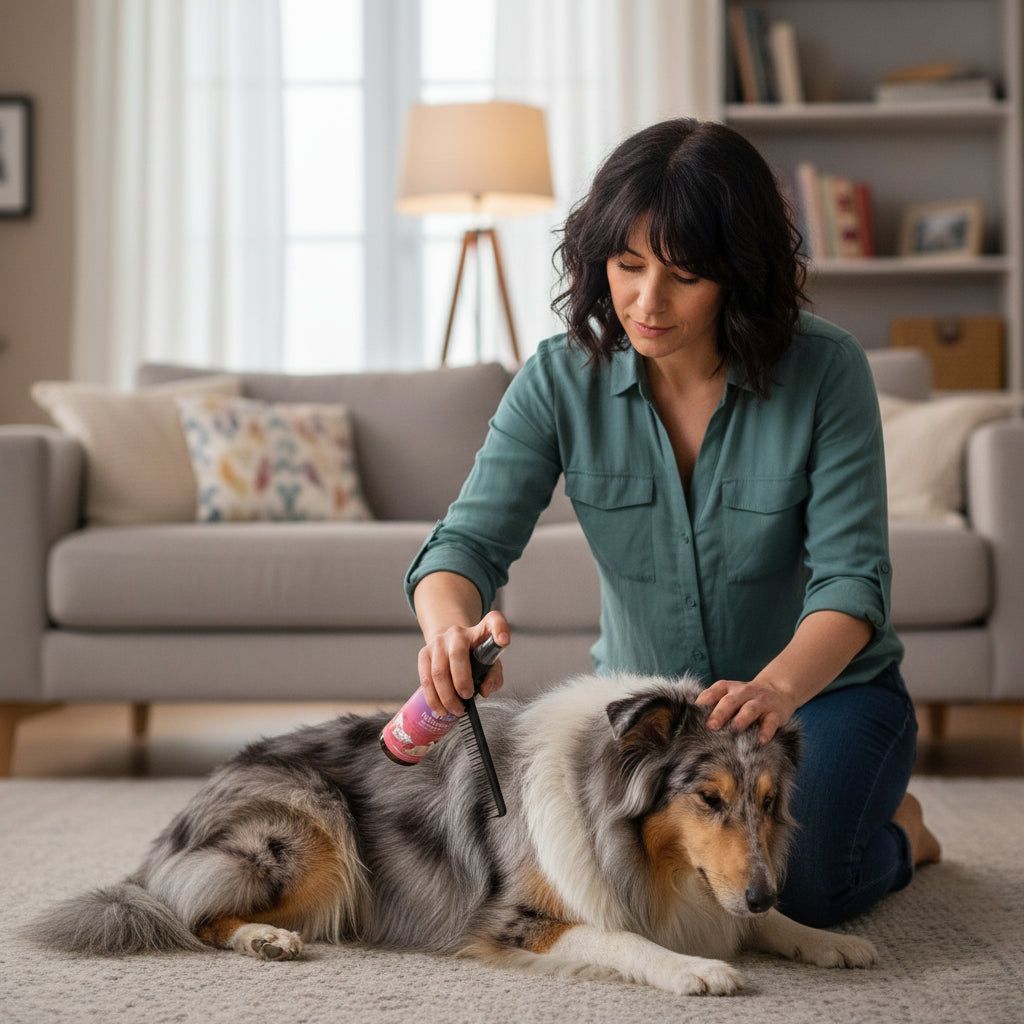Frau kämmt einen Hund mit Fellengel Glanzspray. Sprühflasche und Bürste sichtbar.