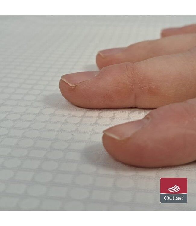Nahaufnahme des Kühlenden Spannbettlakens. Helle, strukturierte Oberfläche mit Fingern.