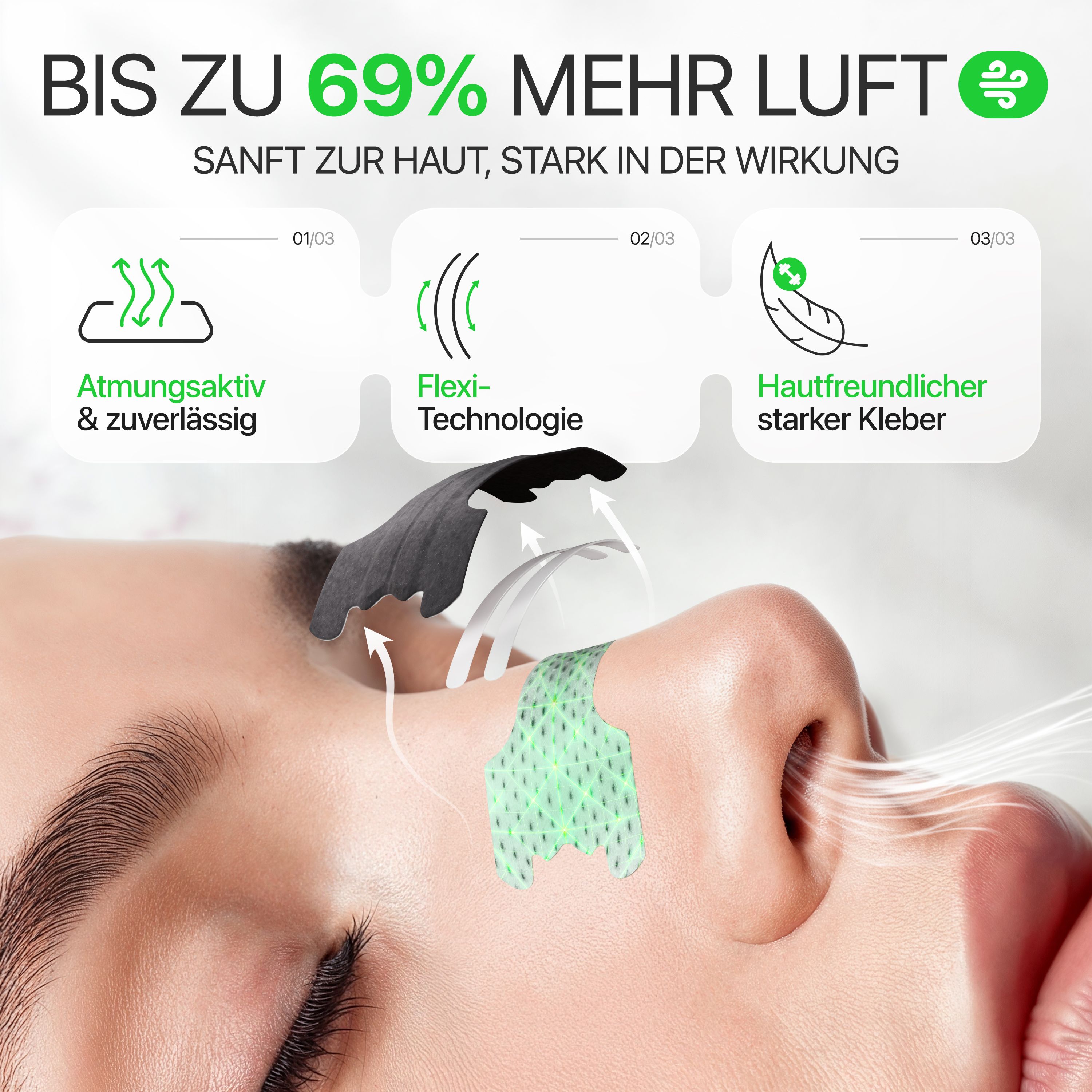 Nahaufnahme einer Nase mit Nasenpflaster. Text: Bis zu 69% mehr Luft. Atmungsaktiv, Flexi-Technologie, hautfreundlicher Kleber.