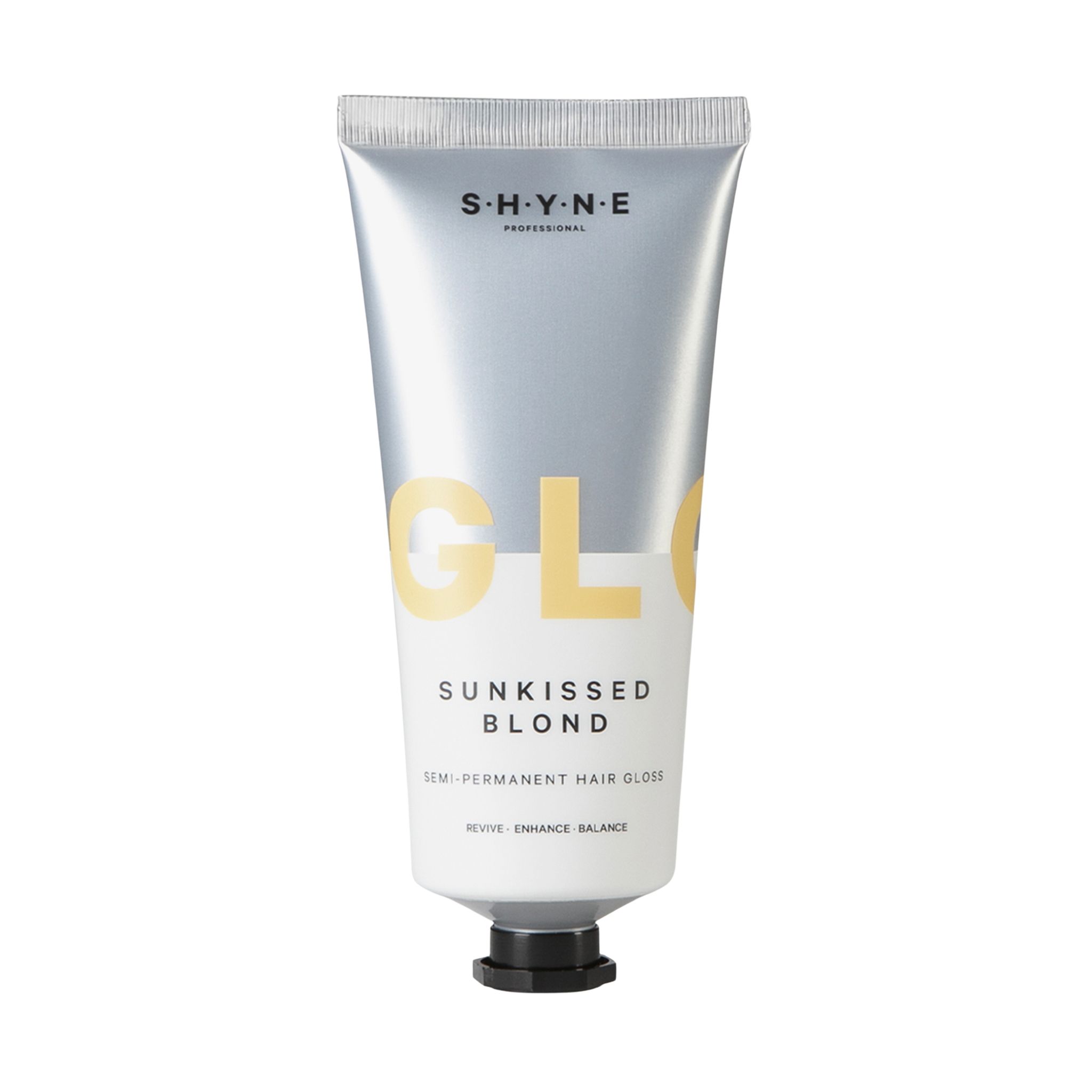 Tube SHYNE Gloss Sunkissed Blond. Silberfarbenes Tube mit gelbem Schriftzug GLOW und Produktbezeichnung. Schwarzer Verschluss.