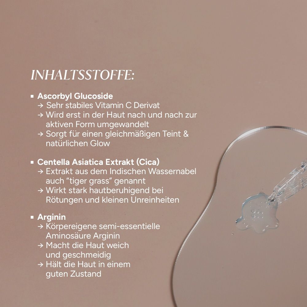 Inhaltsstoffe: Ascorbyl Glucoside, Centella Asiatica Extrakt (Cica), Arginin. Text in deutscher Sprache auf hellem Hintergrund.