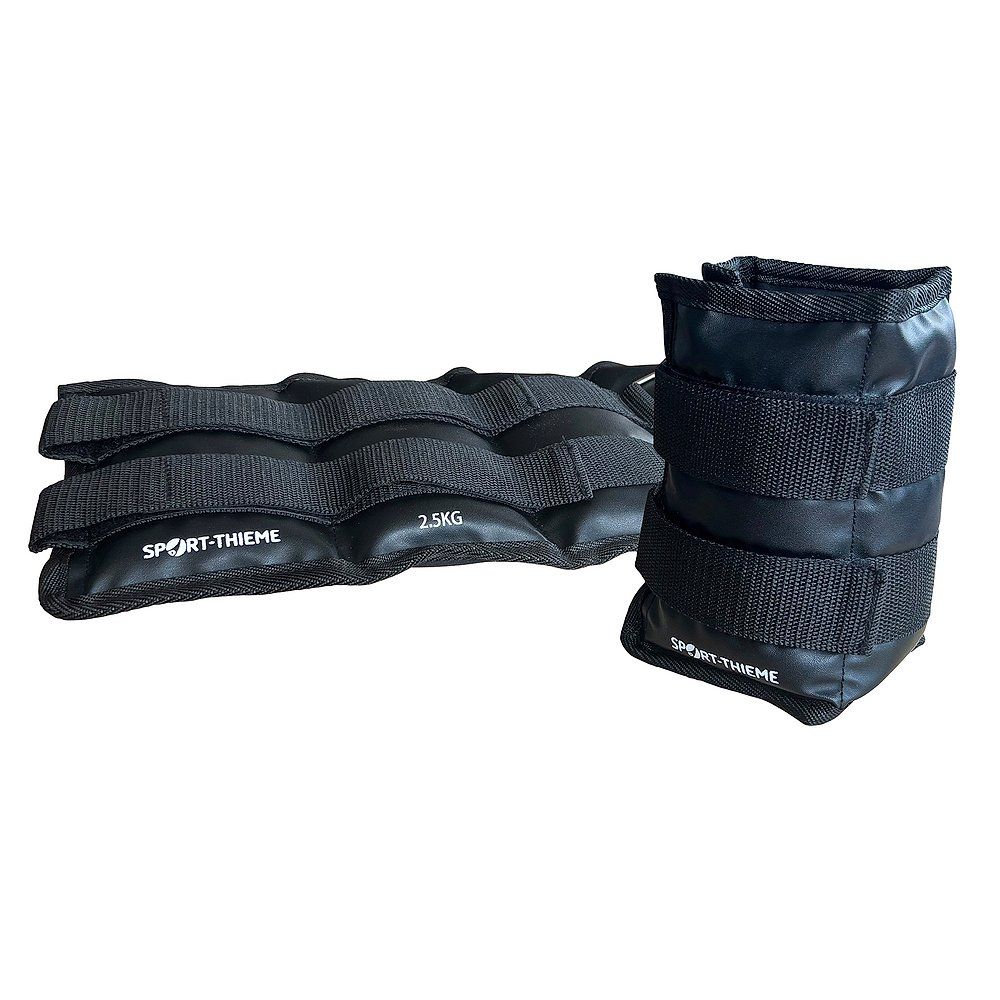 Zwei schwarze Gewichtsmanschetten, eine mit Klettverschluss und Schnallen, 2,5 kg.
