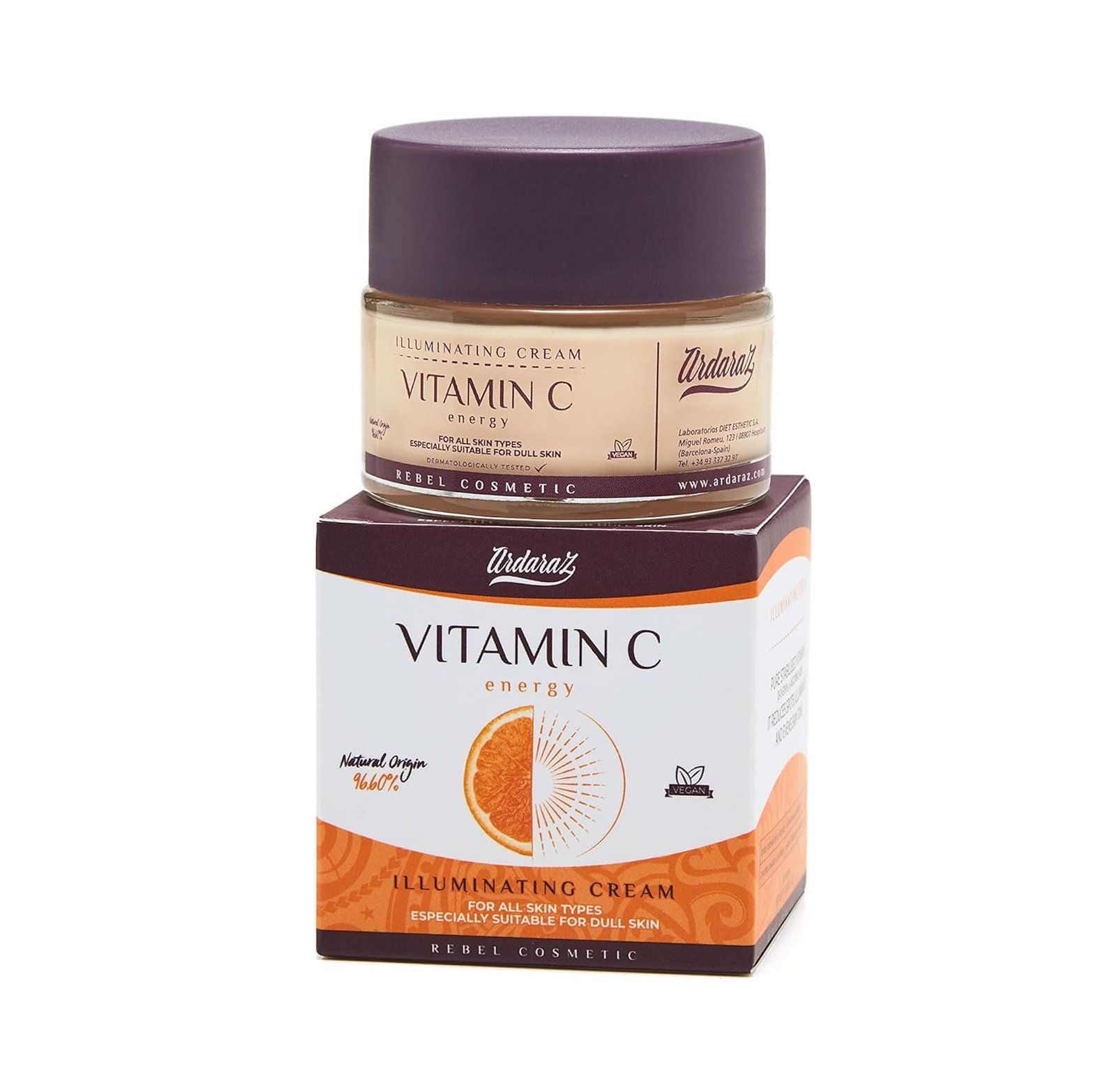 Creme-Glas mit Deckel auf Karton. Aufschrift: Vitamin C, Illuminating Cream. Marke: Ardaraz. Karton mit Orange-Illustration.