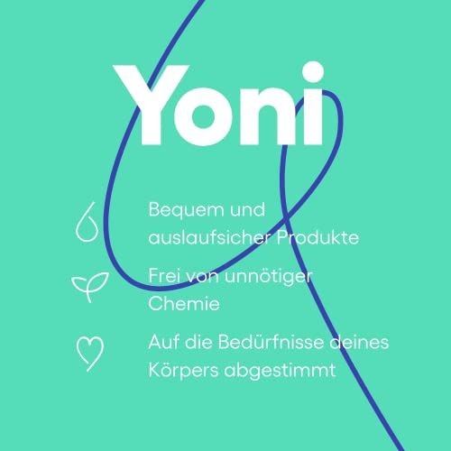 Yoni-Logo und Text: Bequeme und auslaufsichere Produkte. Frei von unnötiger Chemie. Auf die Bedürfnisse deines Körpers abgestimmt.