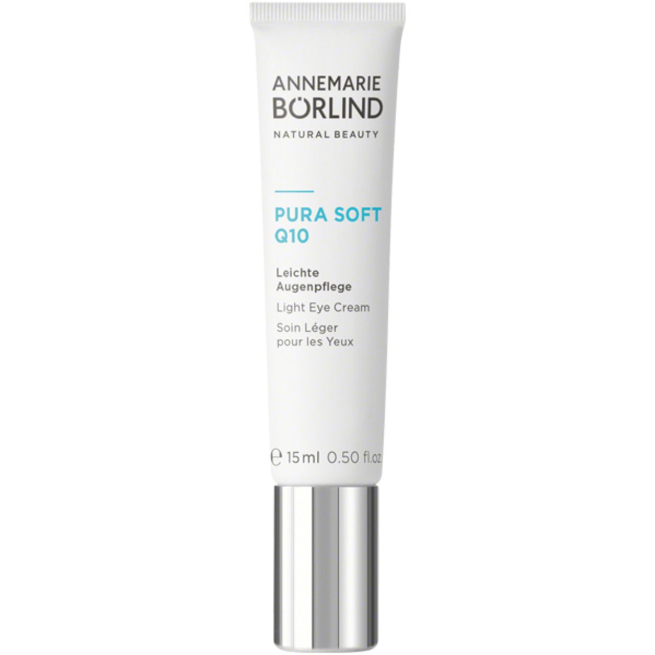 Creme-Tube mit Produktnamen und Marke. Silberner Deckel, weiße Tube mit blauer Schrift.