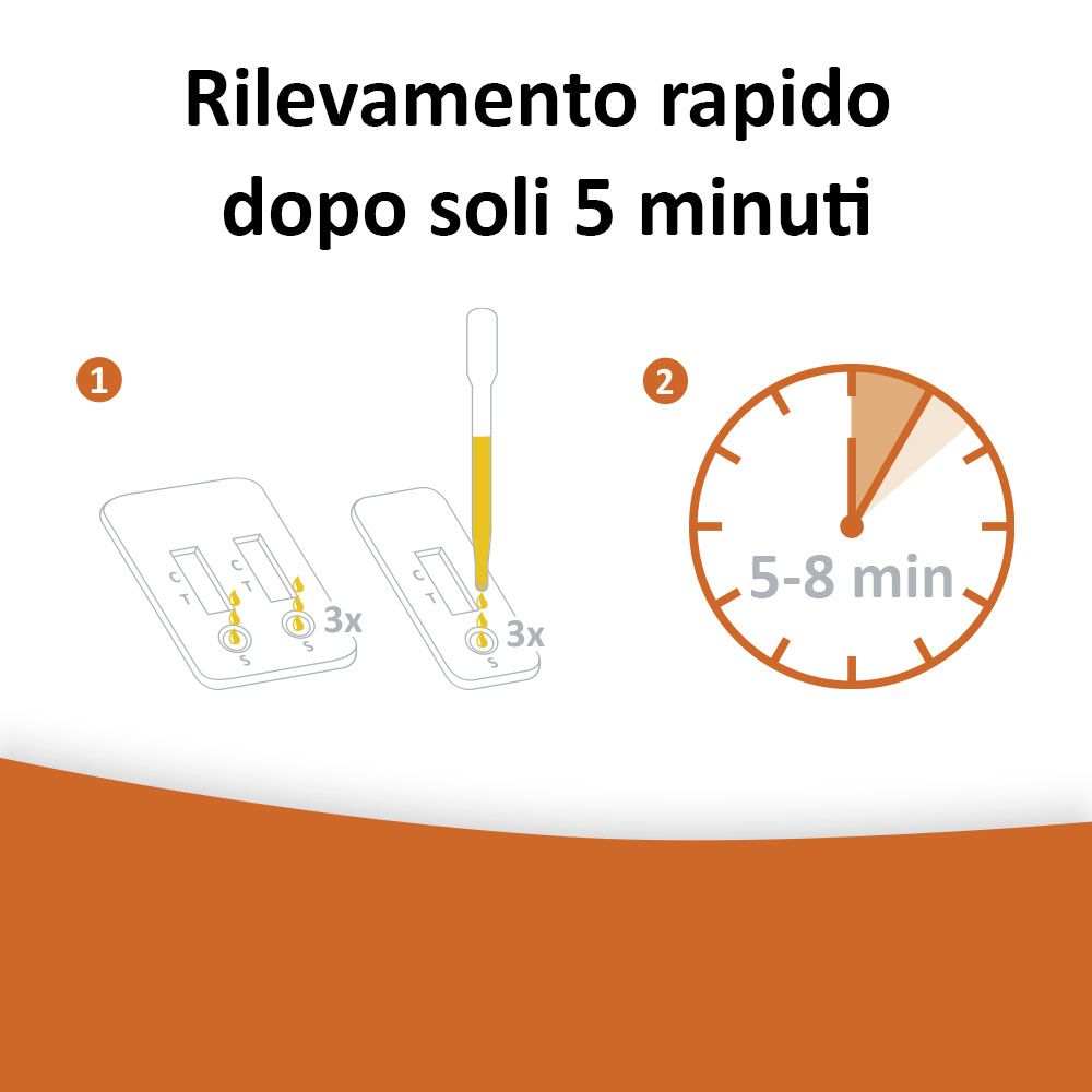 Procedura di test con due strisce e una pipetta. Testo: Rilevamento rapido dopo 5-8 minuti.