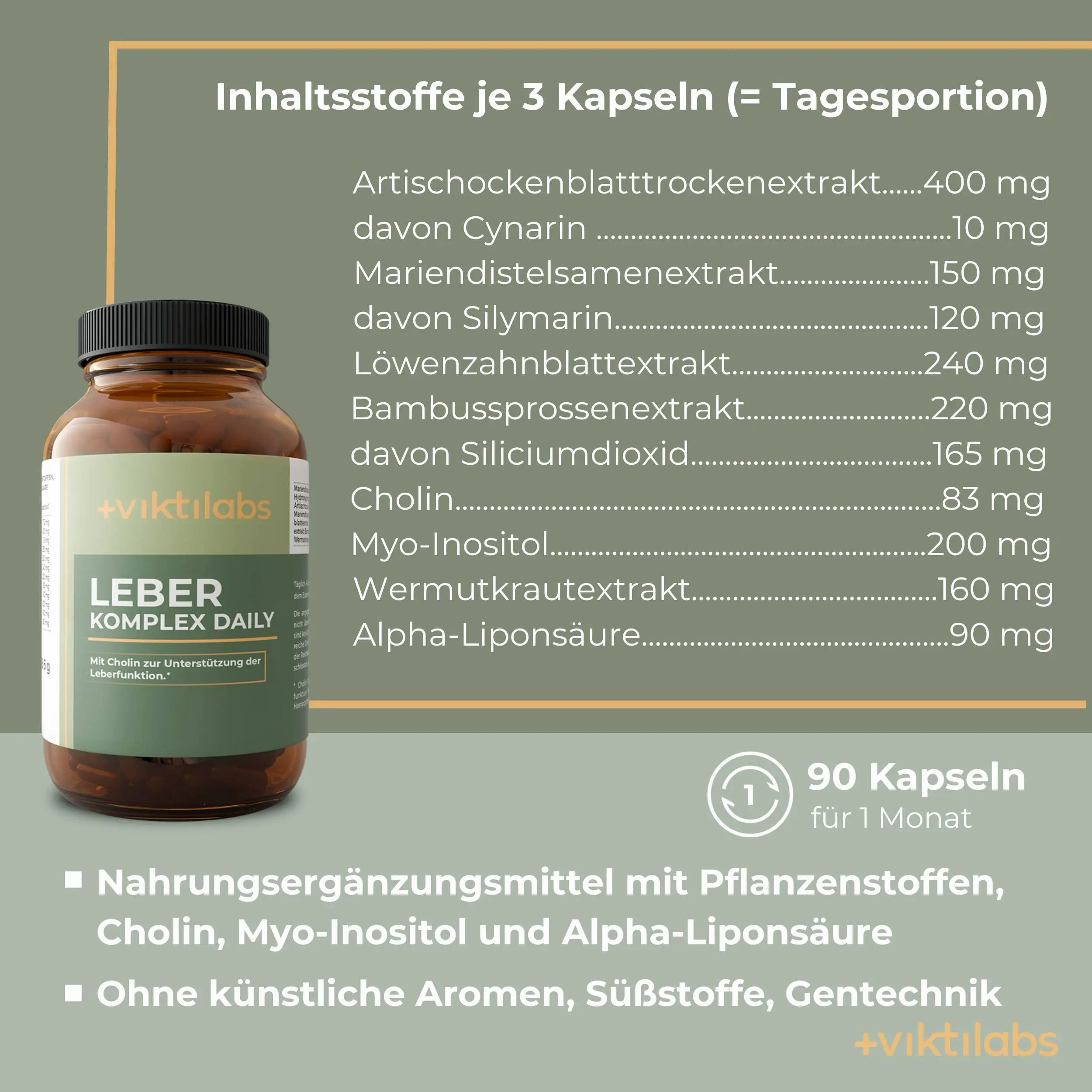 Viktilabs Leber Komplex Daily Flasche neben einer Liste von Inhaltsstoffen und Dosierung.