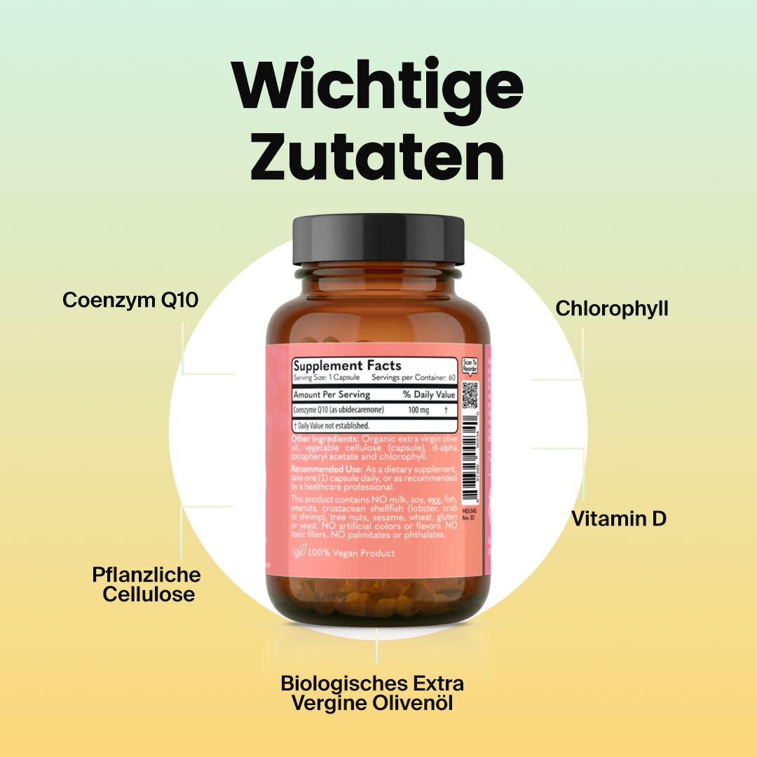 Produktflasche mit Text. Text: Wichtige Zutaten. Coenzym Q10, Chlorophyll, Vitamin D, Pflanzliche Cellulose, Biologisches Extra Vergine Olivenöl.