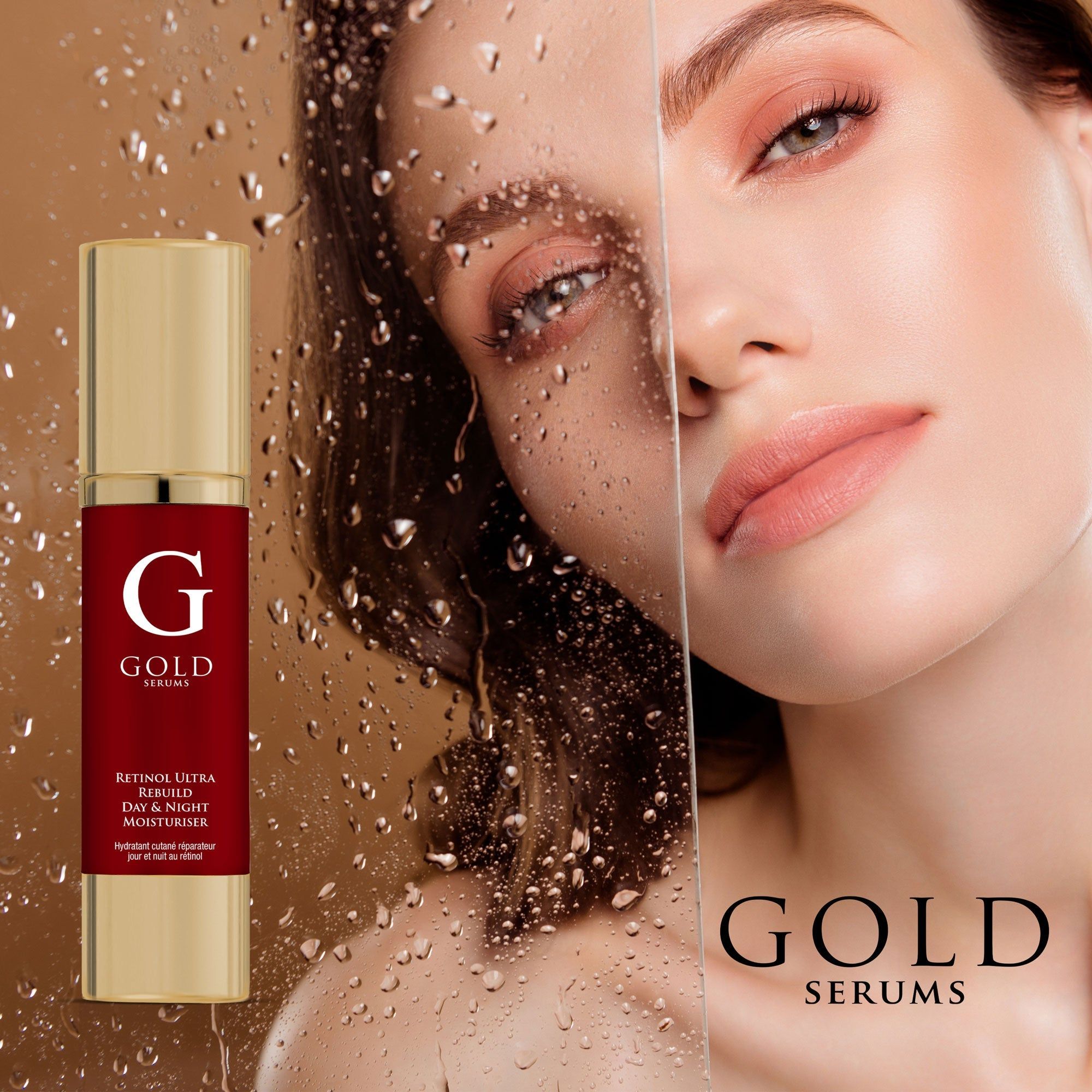 Gold Serums Flasche neben Gesicht. Rotes Etikett mit weißer Schrift: Retinol Ultra Rebuild Day & Night Moisturiser. Goldener Deckel und Boden.