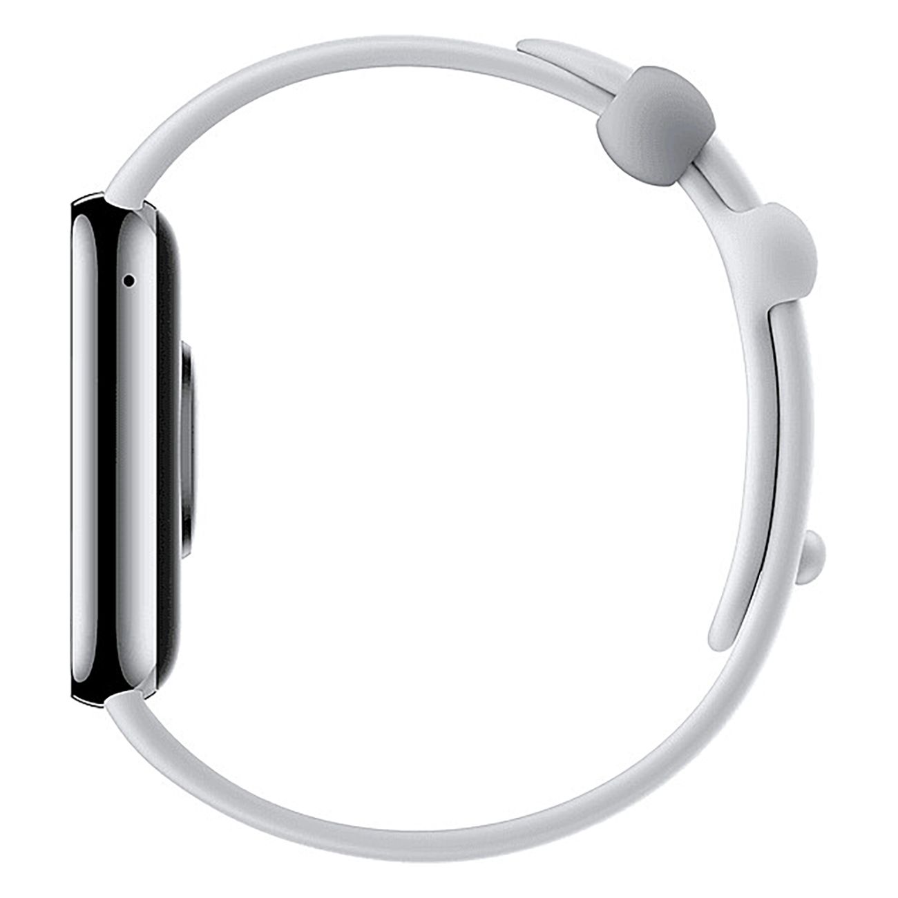 Fitness-Tracker, Seitenansicht. Weißes Armband, schwarzes Display. Zeigt die Seite des Geräts.