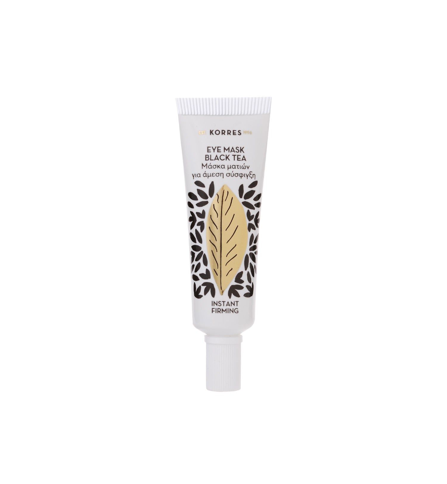 KORRES Augenmaske, Tube. Schwarzes Tee-Logo, Text: EYE MASK BLACK TEA, Instant Firming. Weißer Hintergrund.