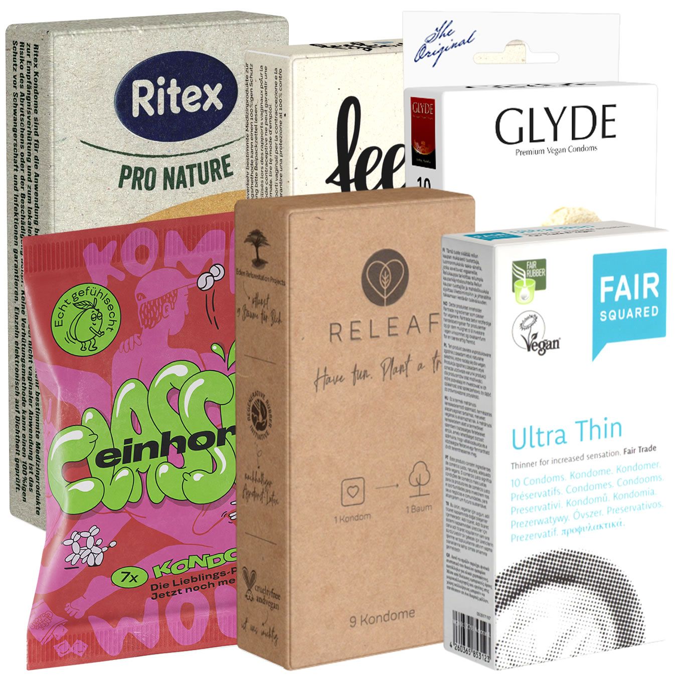 Mehrere Kondom-Verpackungen. Marken: Ritex, Glyde, Releaf, Fair Squared. Einige zeigen Logos für Vegan und Fair Trade.