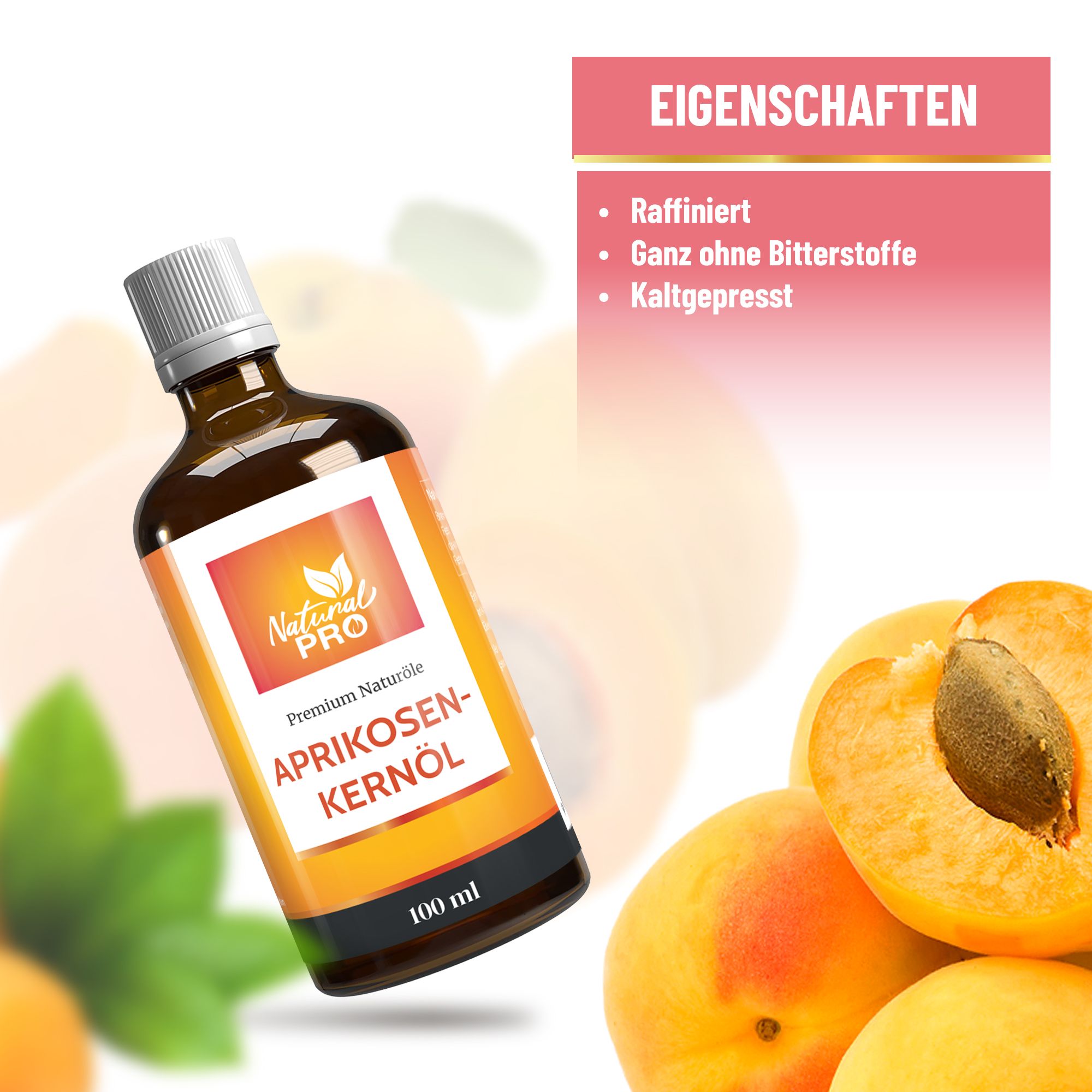 Braune Flasche mit weißem Deckel und orangefarbenem Etikett. Aufschrift: Natural Pro, Aprikosenkernöl, 100 ml. Eigenschaften-Text.