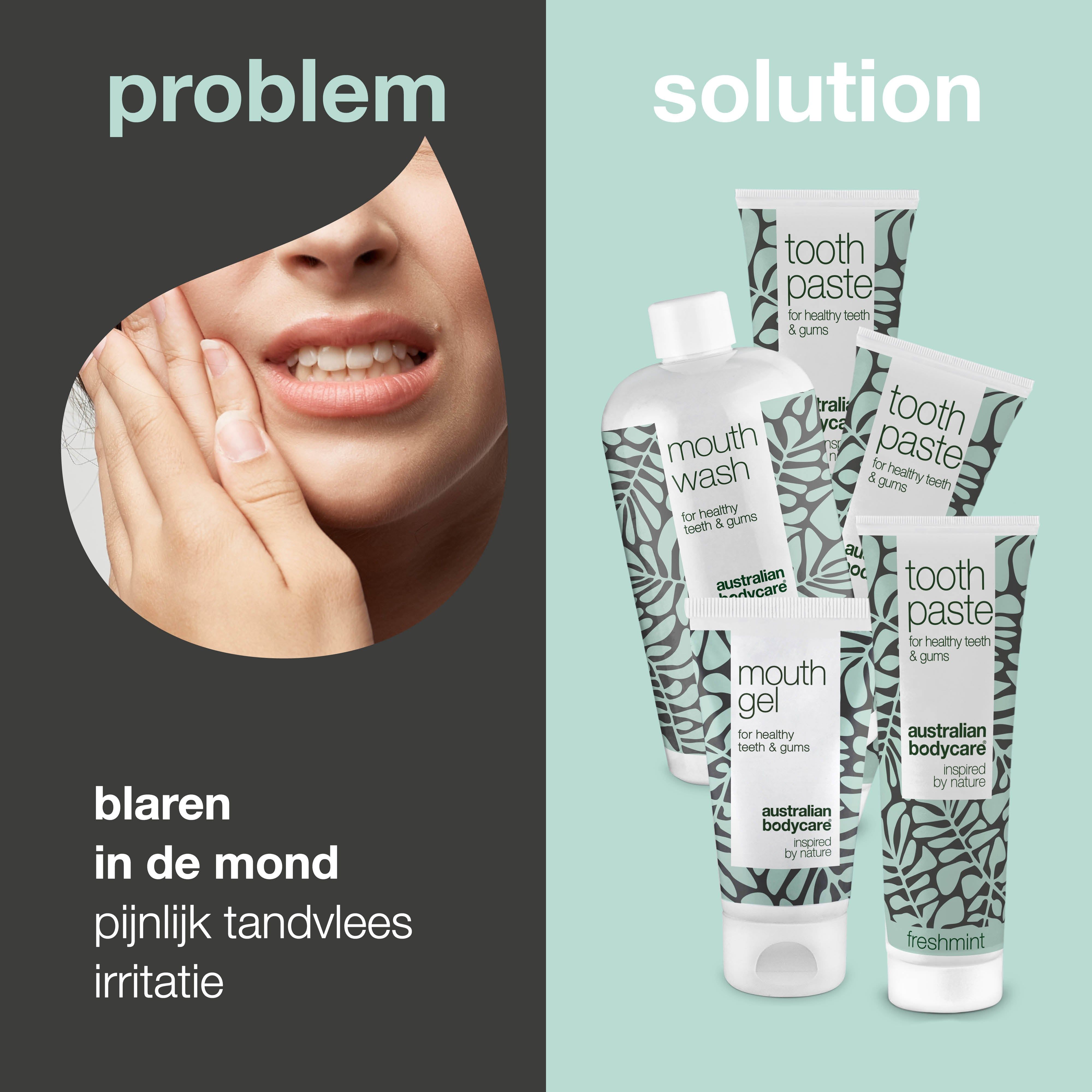 Een afbeelding die de voordelen van mondverzorgingsproducten laat zien. Producten zijn mondwater, tandpasta en mondgel.