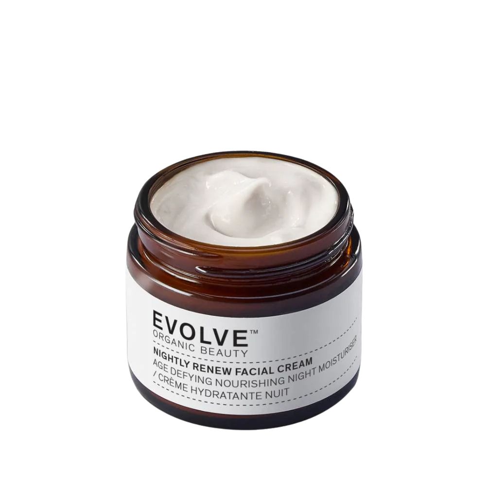 Braunes Glas mit weißer Creme. Auf dem Etikett steht "EVOLVE ORGANIC BEAUTY NIGHTLY RENEW FACIAL CREAM".