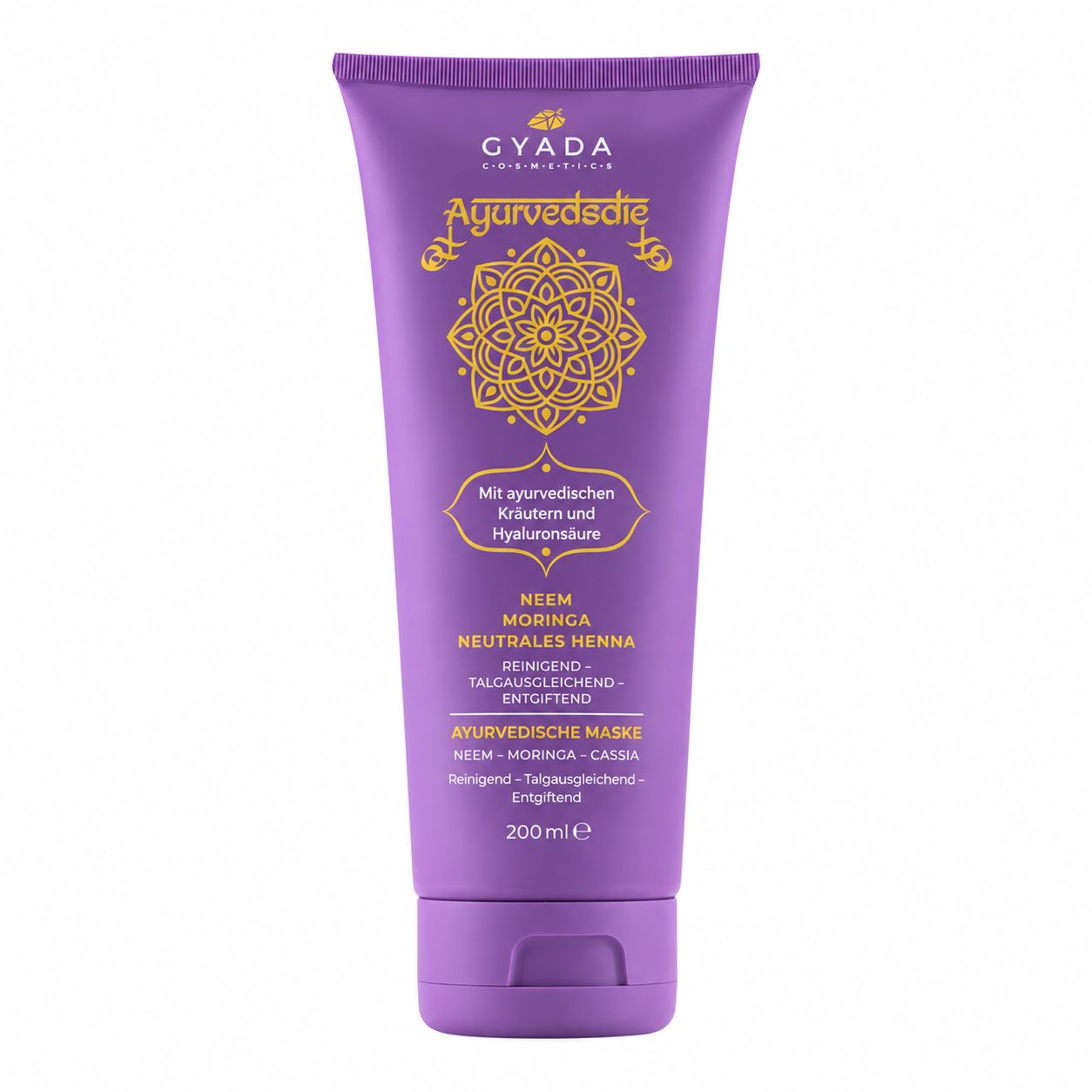 GYADA KOSMETIK Ayurvedische Maske mit Neem, Moringa, Henna Neutro in violetter Tube, 200ml.