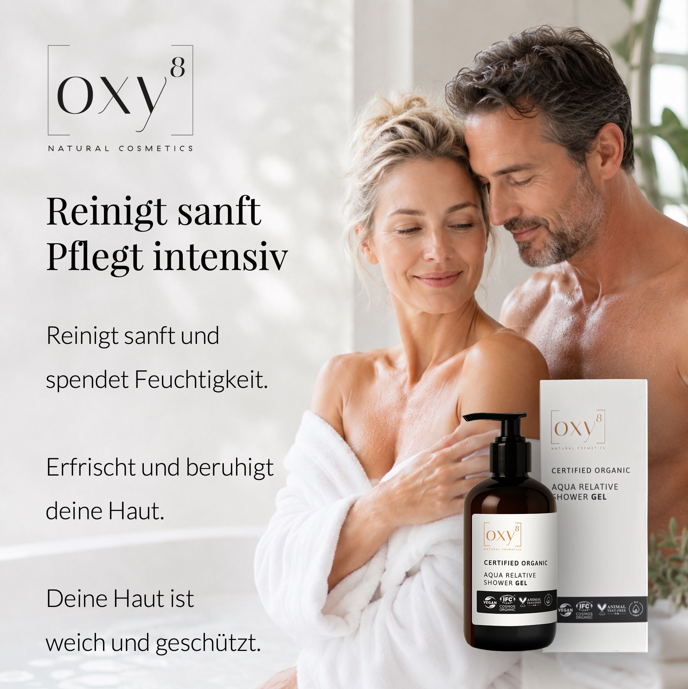 Paar umarmt sich. Frau hält Duschgel. Text über Reinigung.