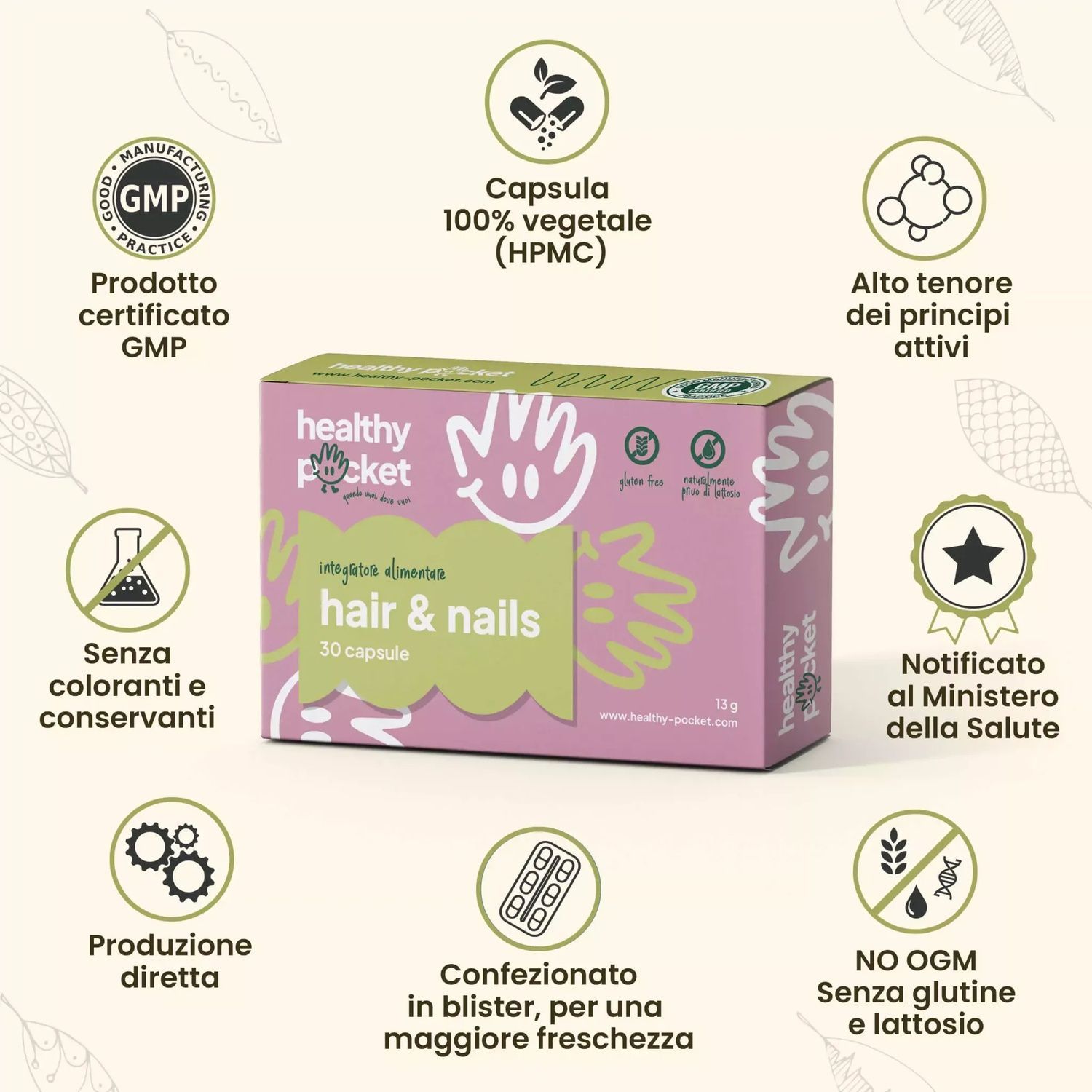 Verpackung für Hair & Nails Kapseln mit Details zu Inhaltsstoffen und Zertifizierungen.