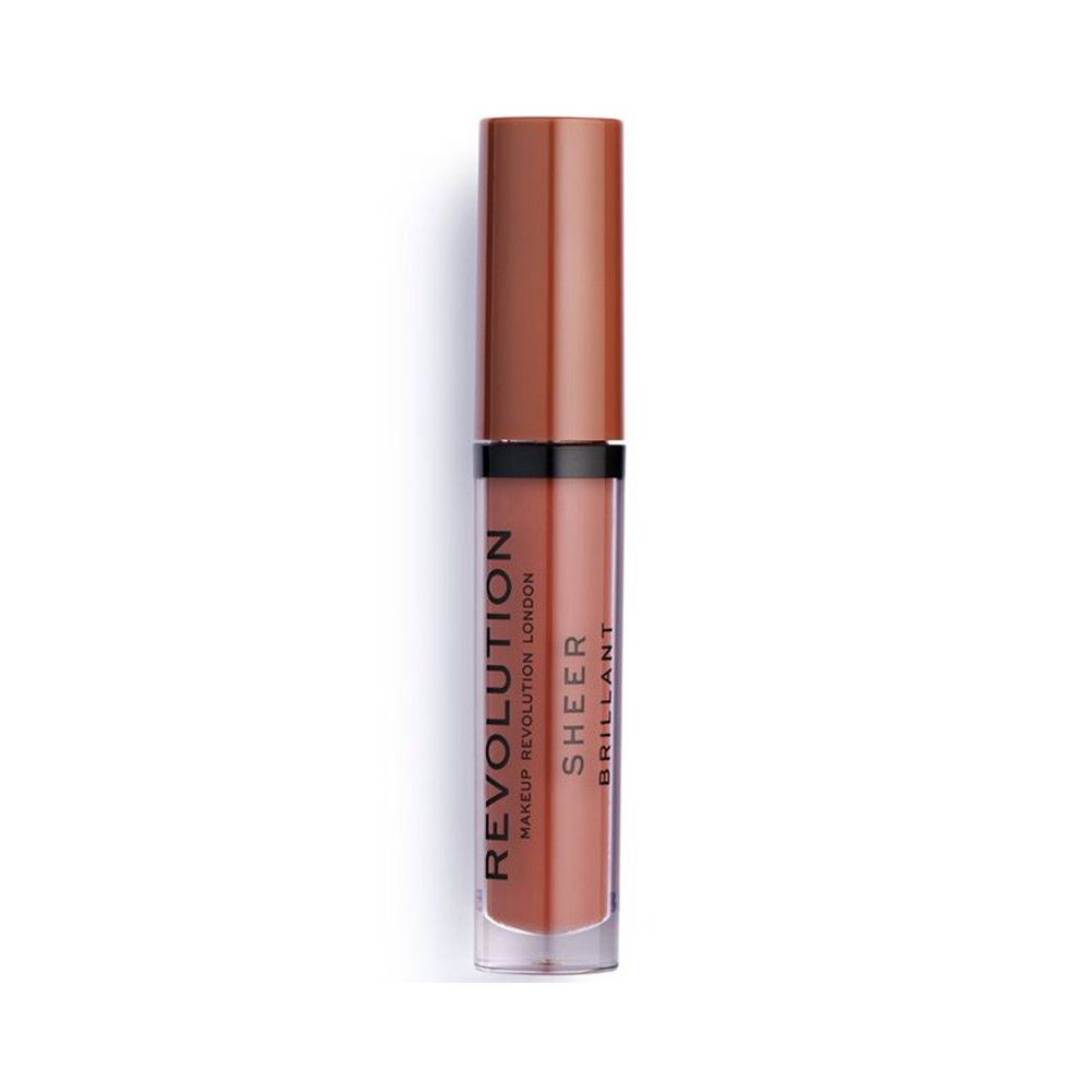 Lipgloss-Tube mit braunem Deckel. Aufschrift: REVOLUTION, SHEER, BRILLANT. Transparente Hülle mit rosafarbenem Inhalt.