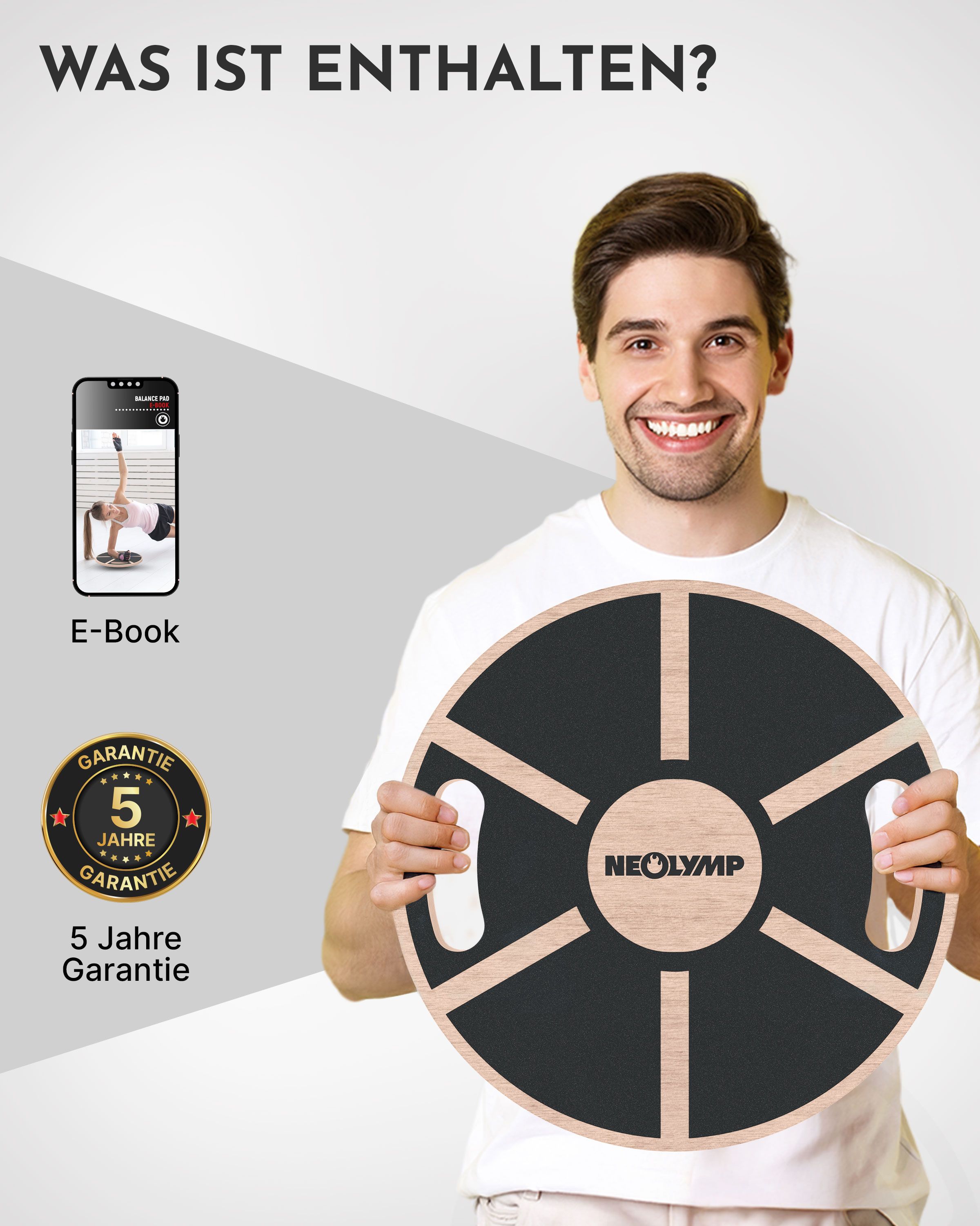 Mann hält Balance Pad mit Griffen. NEOLYMP Logo. E-Book und 5 Jahre Garantie. Produktpräsentation.