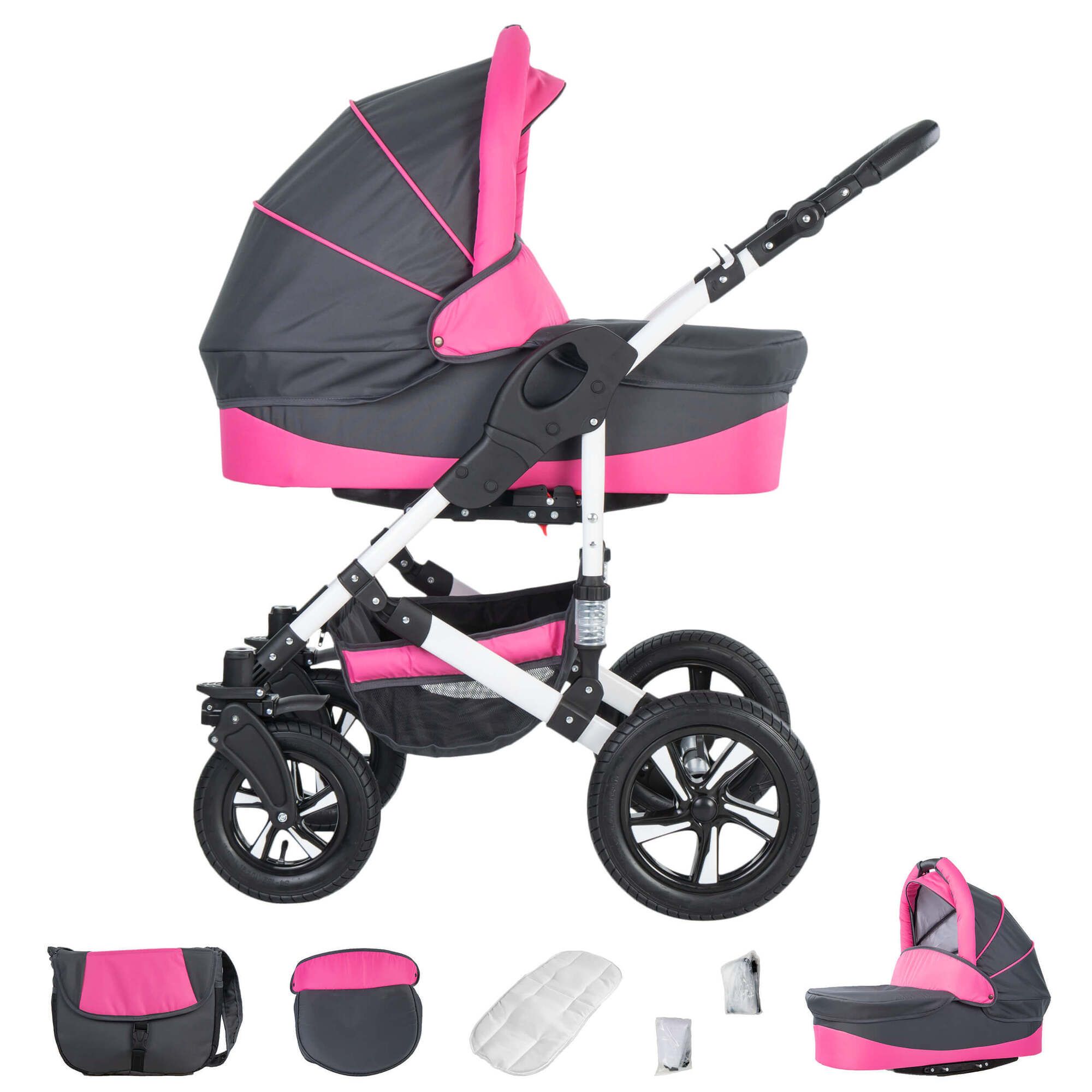 Friedrich Hugo Hamburg 3 in 1 Kinderwagen mit Original Maxi Cosi, Luft Grey & Pink