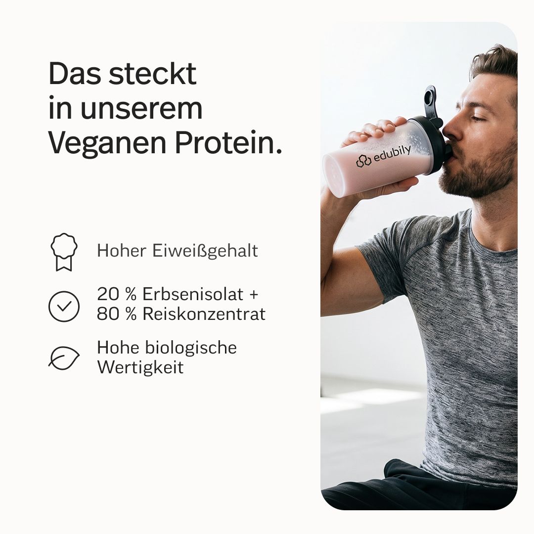Mann trinkt Proteinshake aus edubily Shaker. Hoher Eiweißgehalt. 20% Erbsenisolat + 80% Reis-Konzentrat. Hohe biologische Wertigkeit.