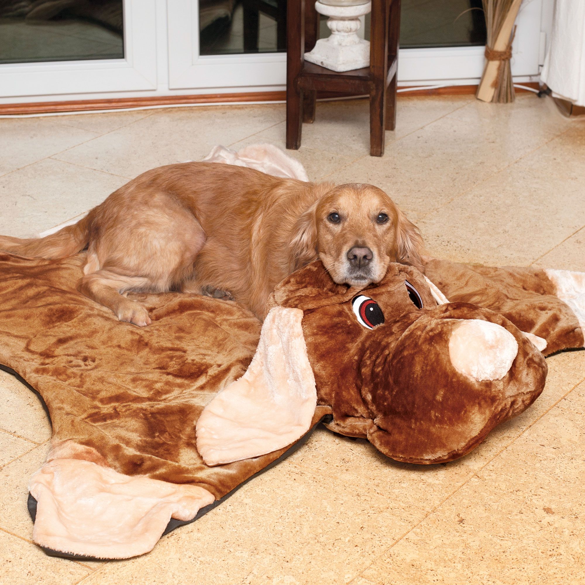 Hund liegt auf Hunde-Liegedecke. Decke in Hundeform, braun und beige. Hund mit braunem Fell. Blick in die Kamera.