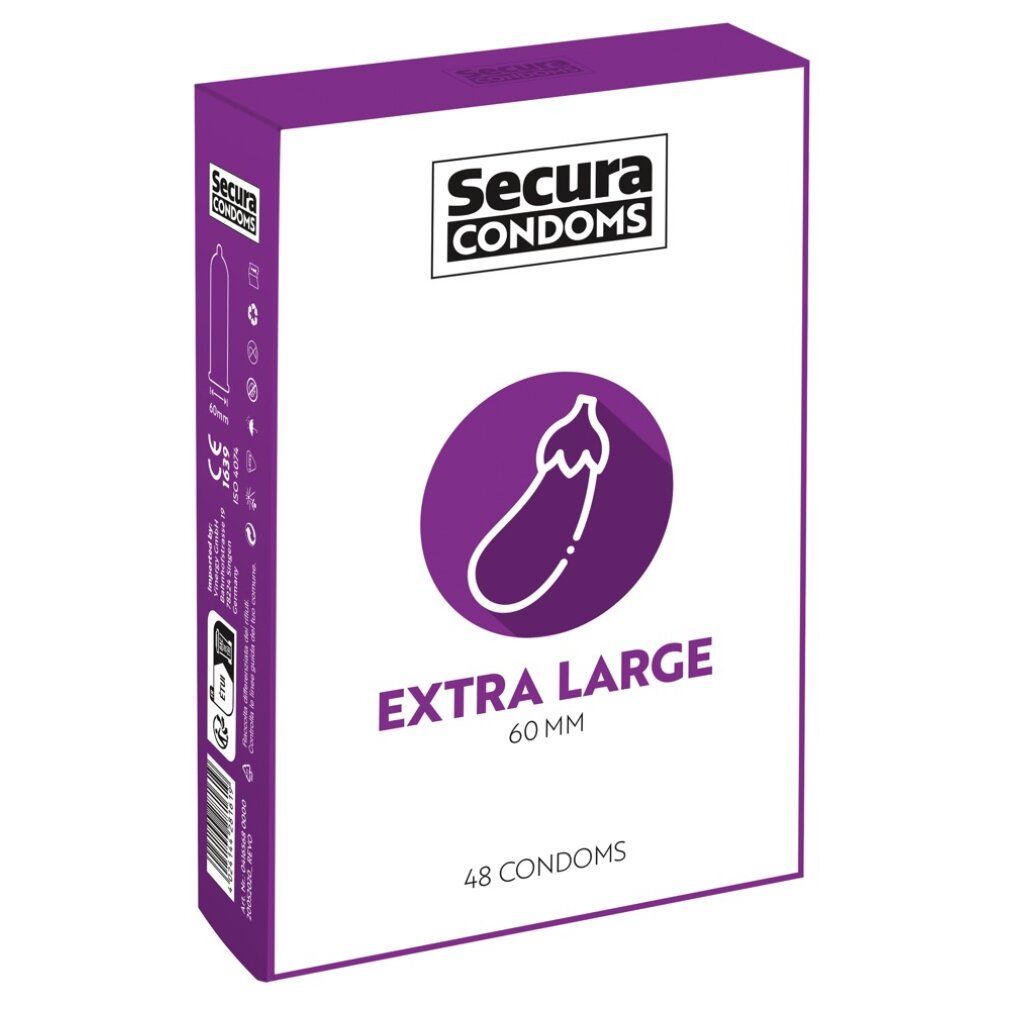 Verpackung von Secura Extra Large Kondomen. Aufschrift: Extra Large, 60 mm, 48 Kondome. Lila Aubergine-Symbol.
