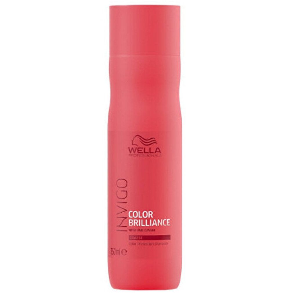 Rote Flasche mit Text: Wella Invigo Color Brilliance. 250 ml. Für coloriertes Haar.